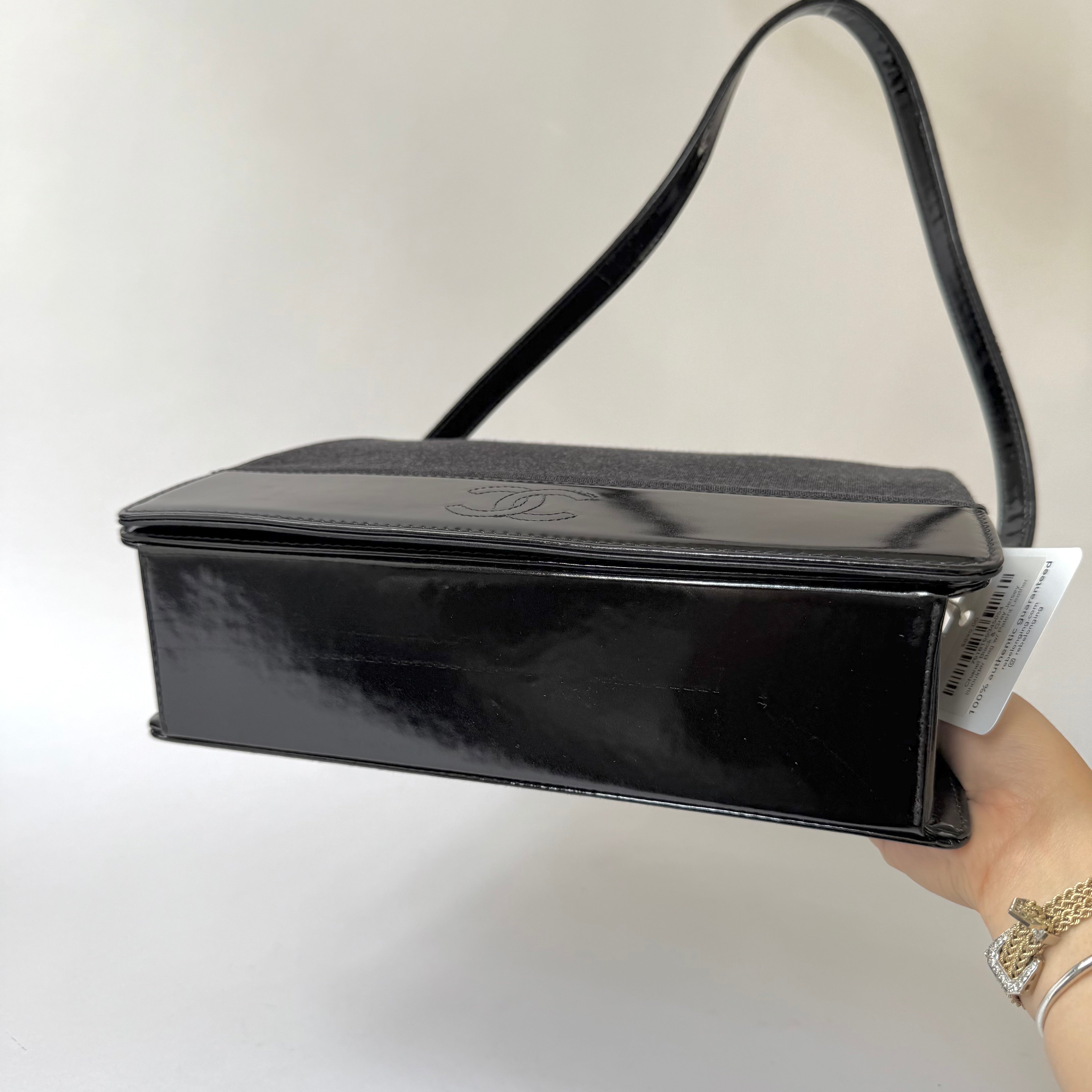 Chanel Black & Gray Jersey Shoulder Bag w/ Patent Leather