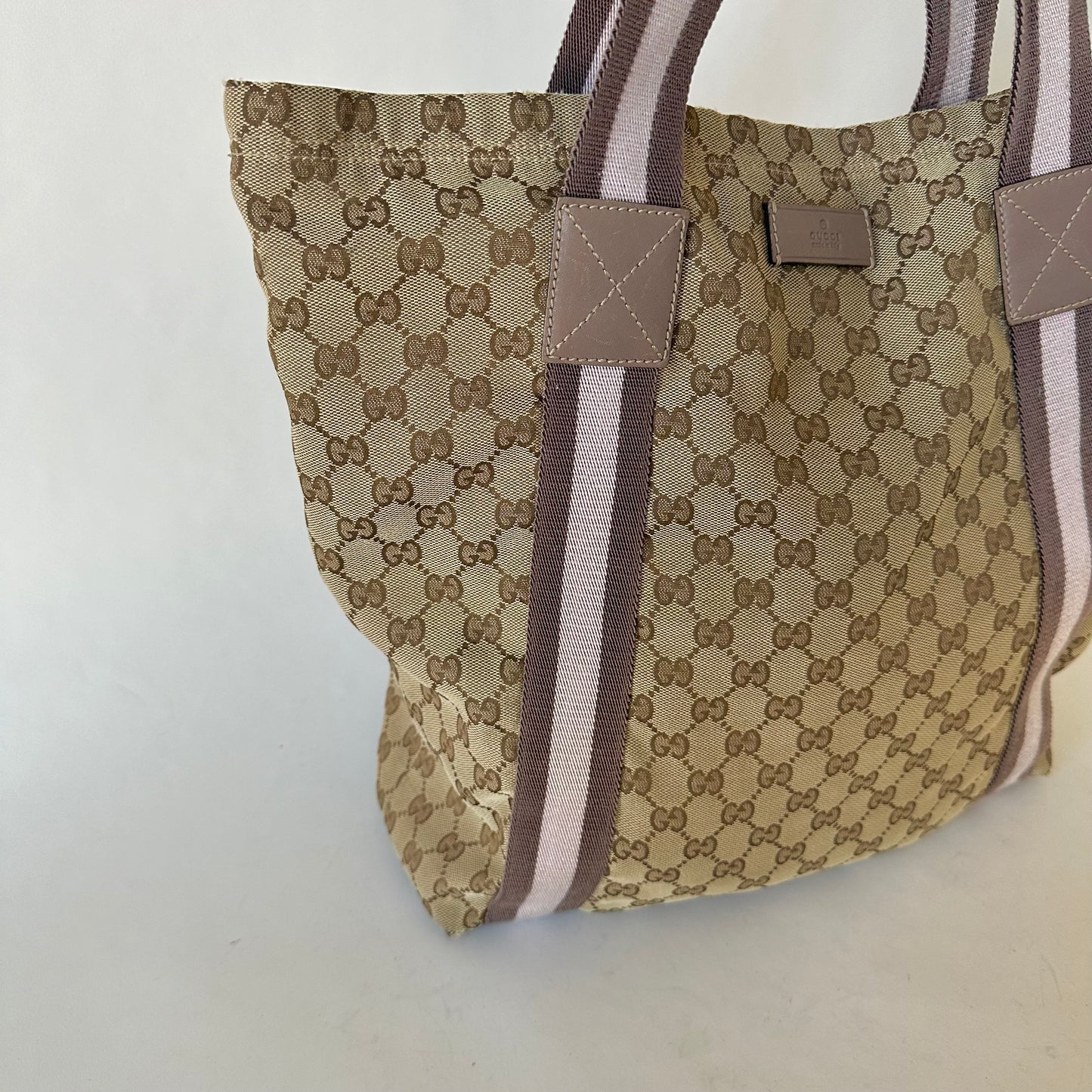 Gucci Brown Monogram Tote W/ Lilac Web Stripe