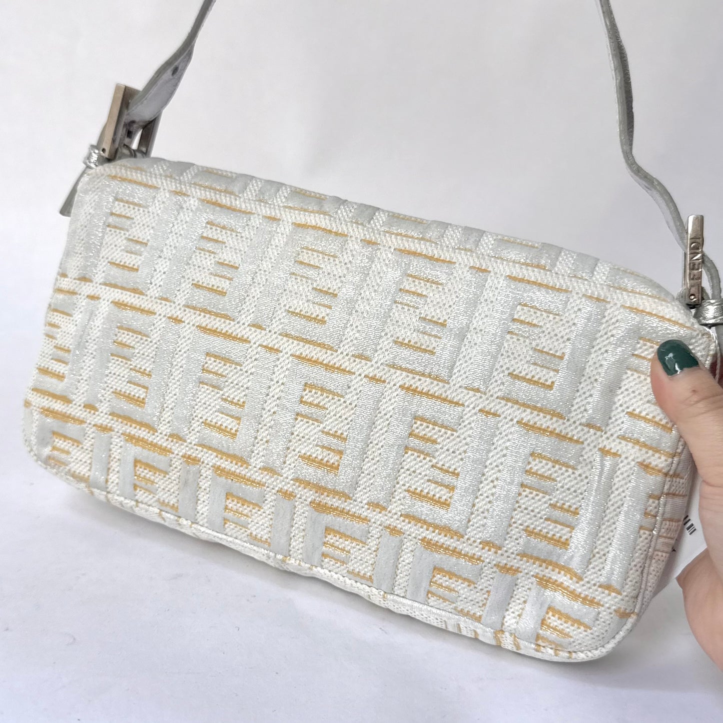 Fendi Cream Metallic Zucca Canvas Baguette Shoulder Bag