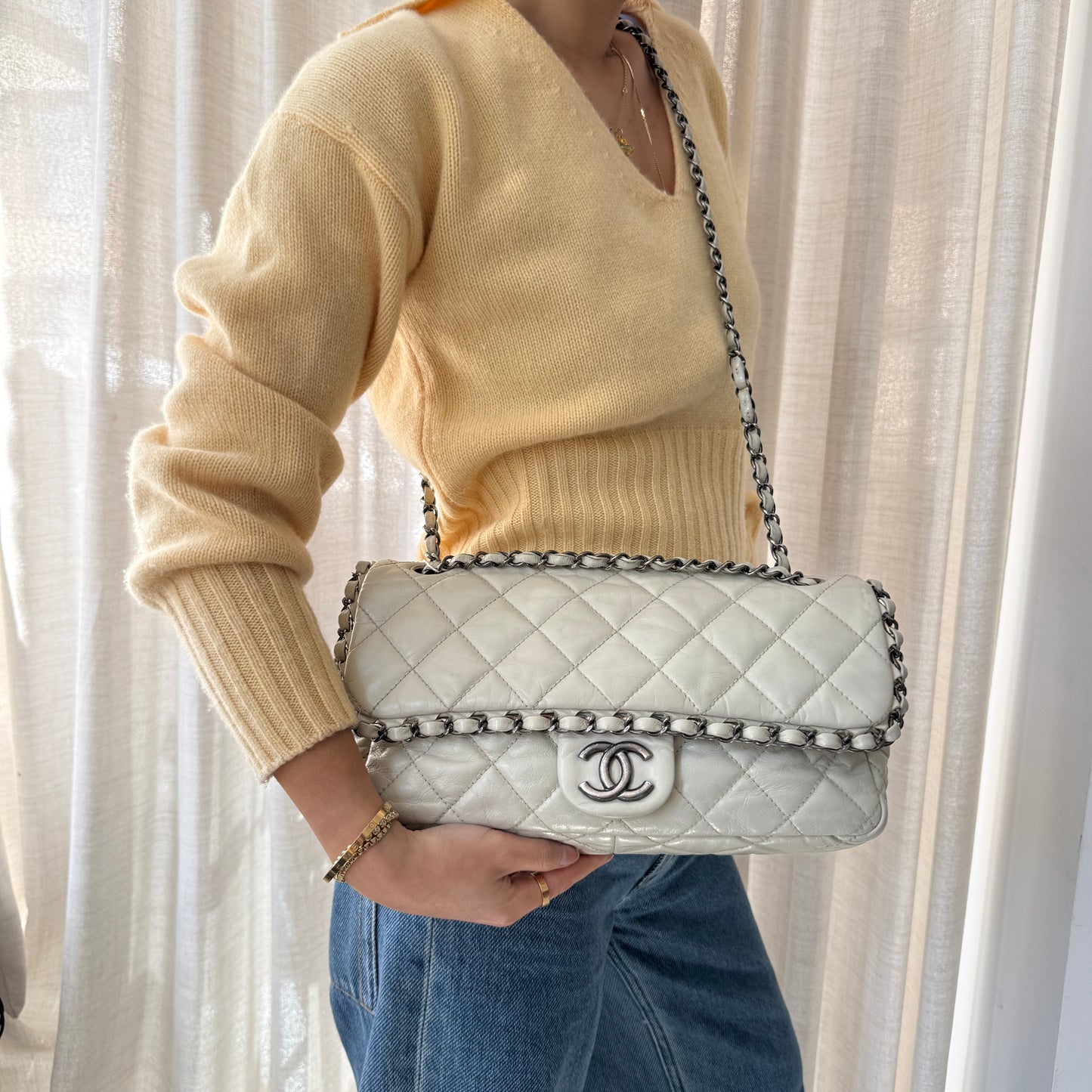 Chanel Cream Leather Quilted Me Chain Flap Bag