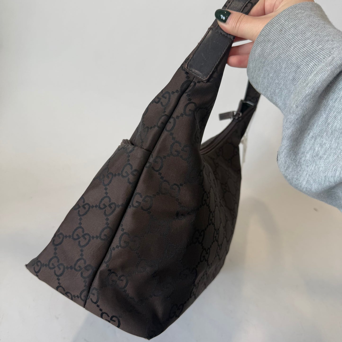 Gucci Dark Brown Nylon Monogram Double Front Pocket Tote Bag