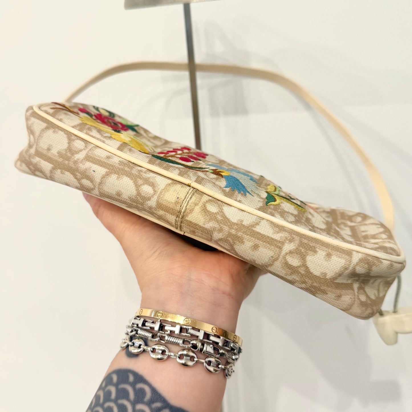 Christian Dior Cream Coated Canvas Floral Embroidered Pochette