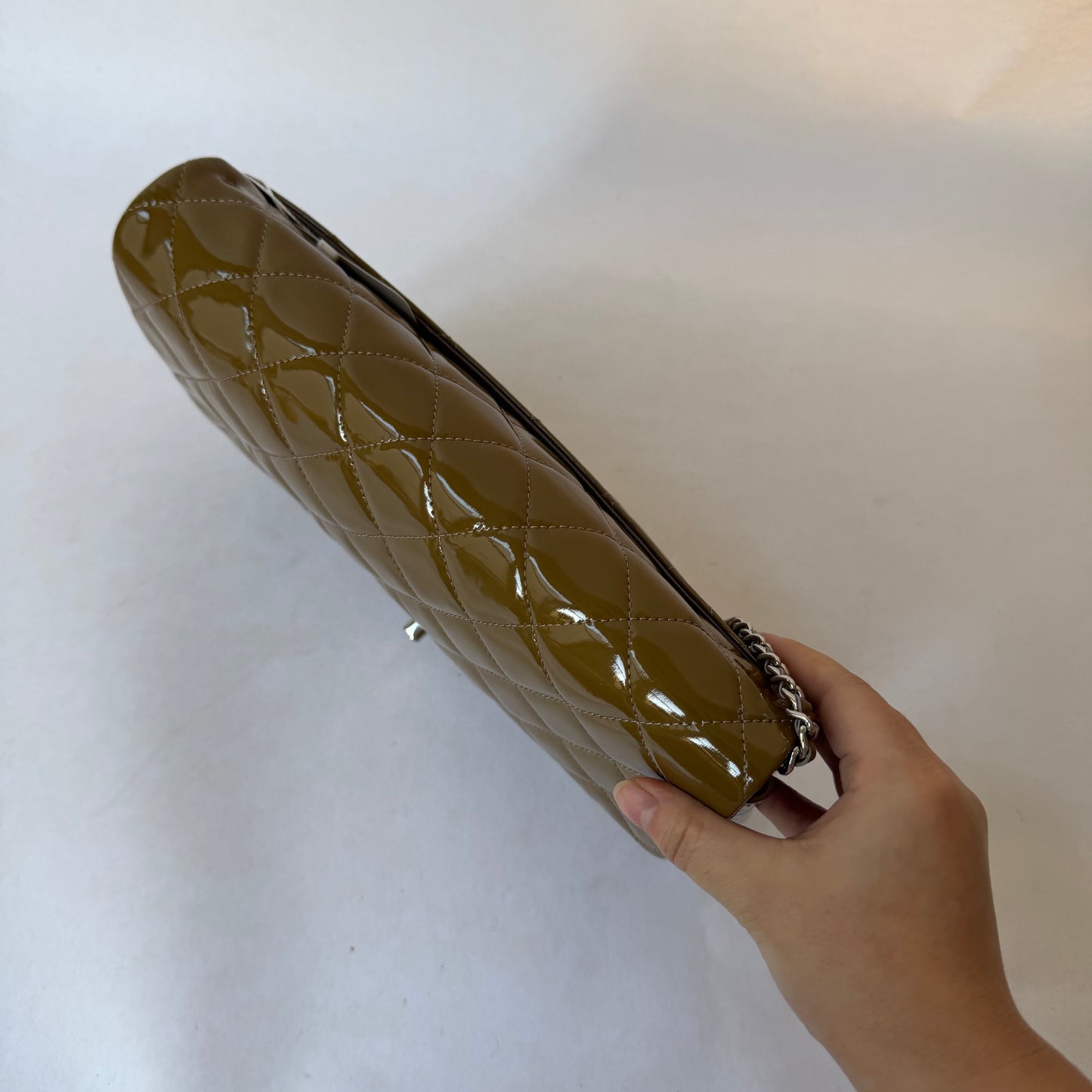 Chanel 2011 Patent Khaki Leather Classic Flap Clutch Shoulder Bag