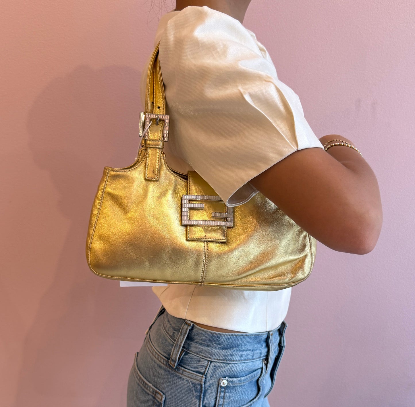 Fendi Gold Metallic Leather Jeweled Shoulder Bag