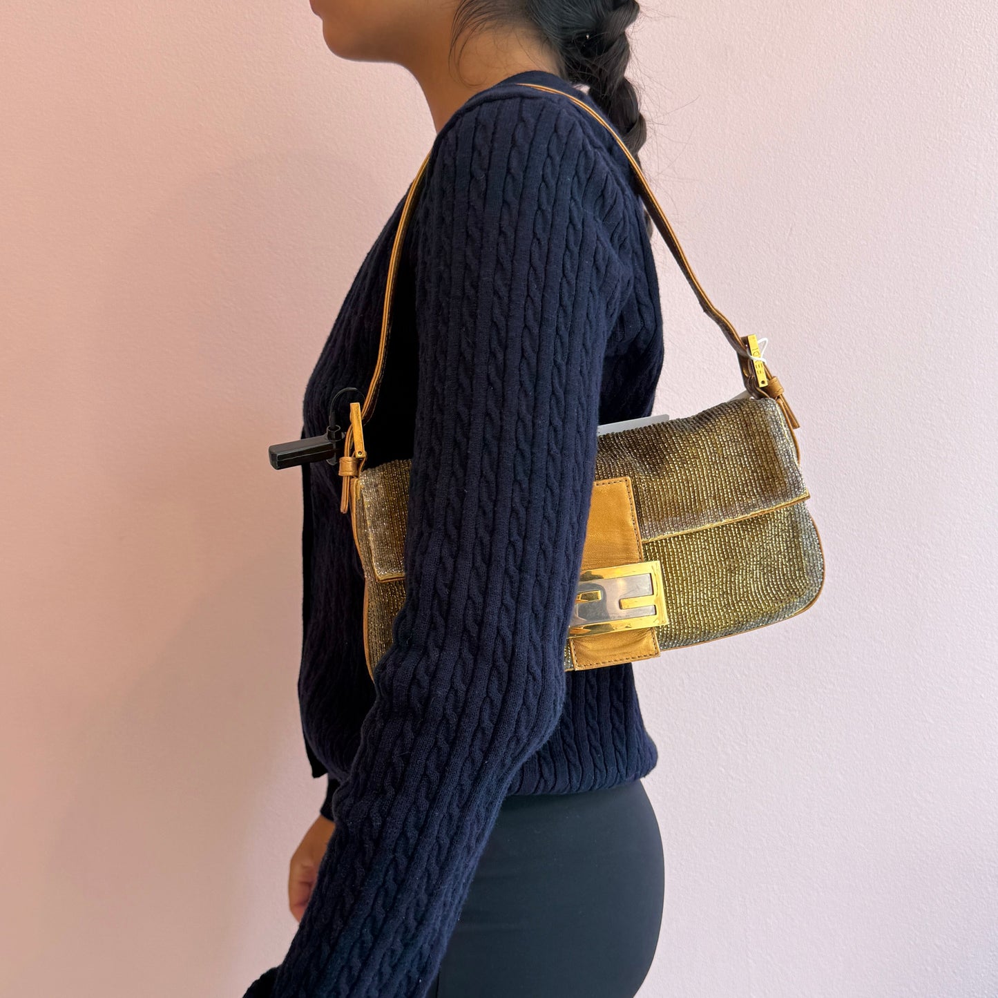 Fendi Gold Beaded & Leather Baguette Shoulder Bag