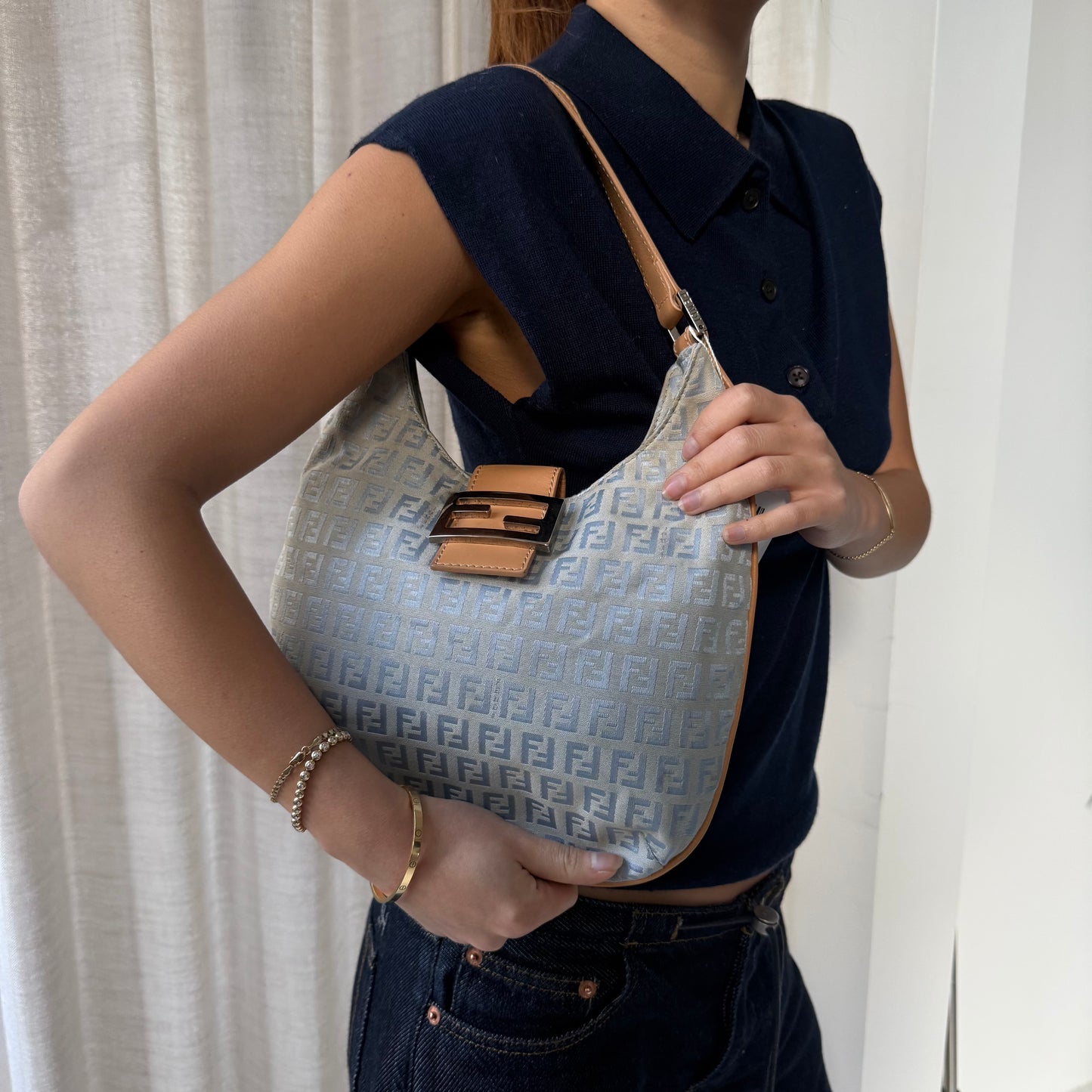 Fendi Blue Canvas Zucchino Baguette Hobo Bag