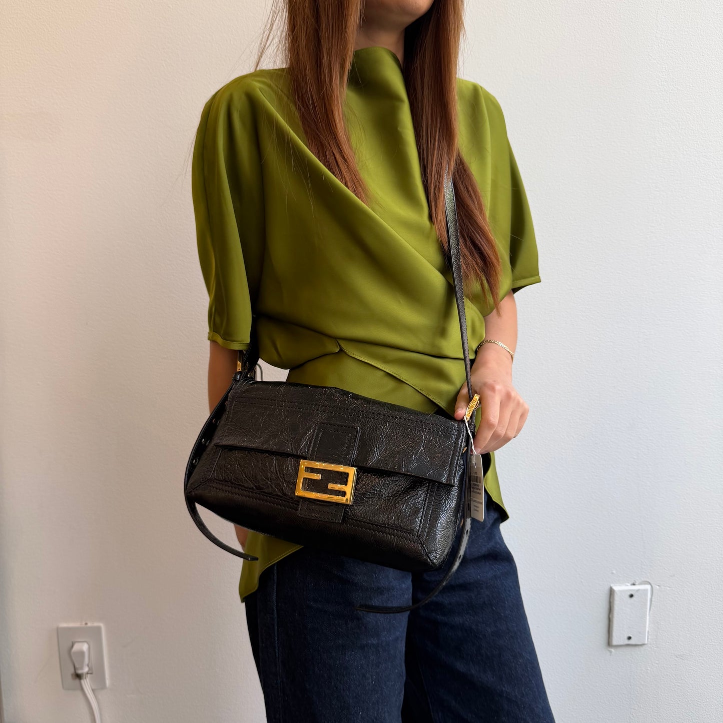 Fendi Black Crinkle Patent Leather Long Strap Baguette