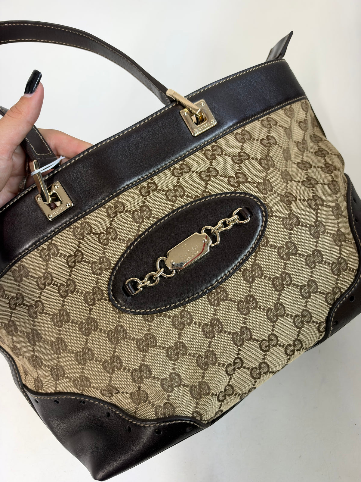 Gucci Brown Canvas & Leather Monogram Punch Tote Bag