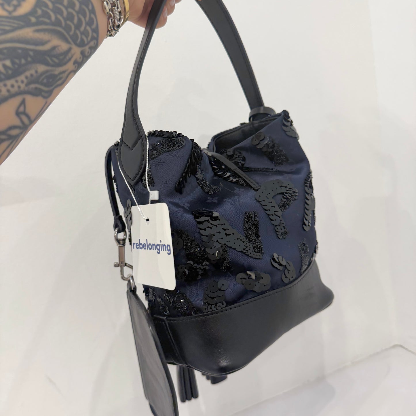 Louis Vuitton Navy Satin Monogram Spotlight PM Black Sequin Bucket Bag
