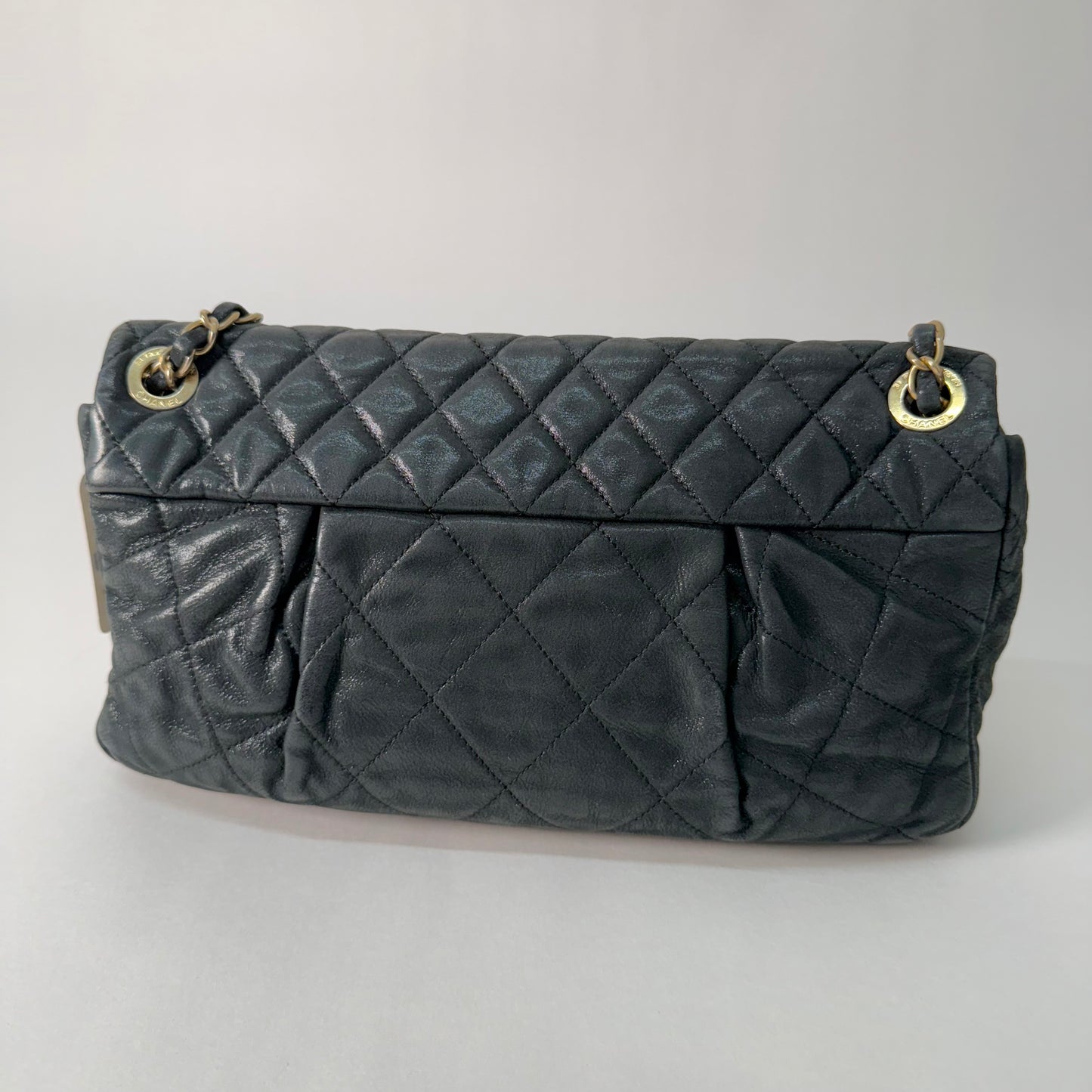 Chanel Dark Gunmetal Shiny Lambskin Flap Shoulder Bag w/ Chain Strap