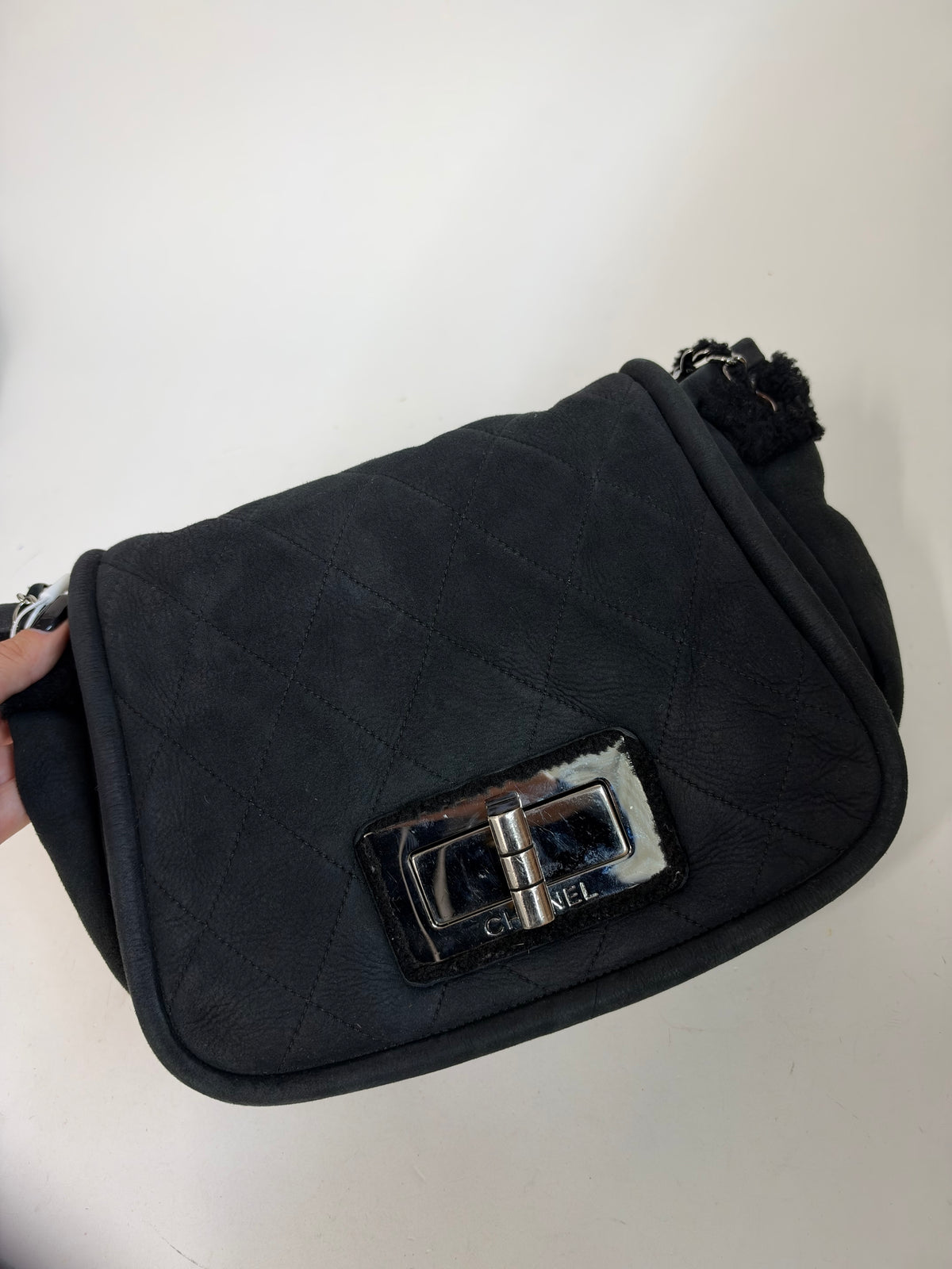 Chanel Black Suede & Shearling Quilted 2.55 Flap