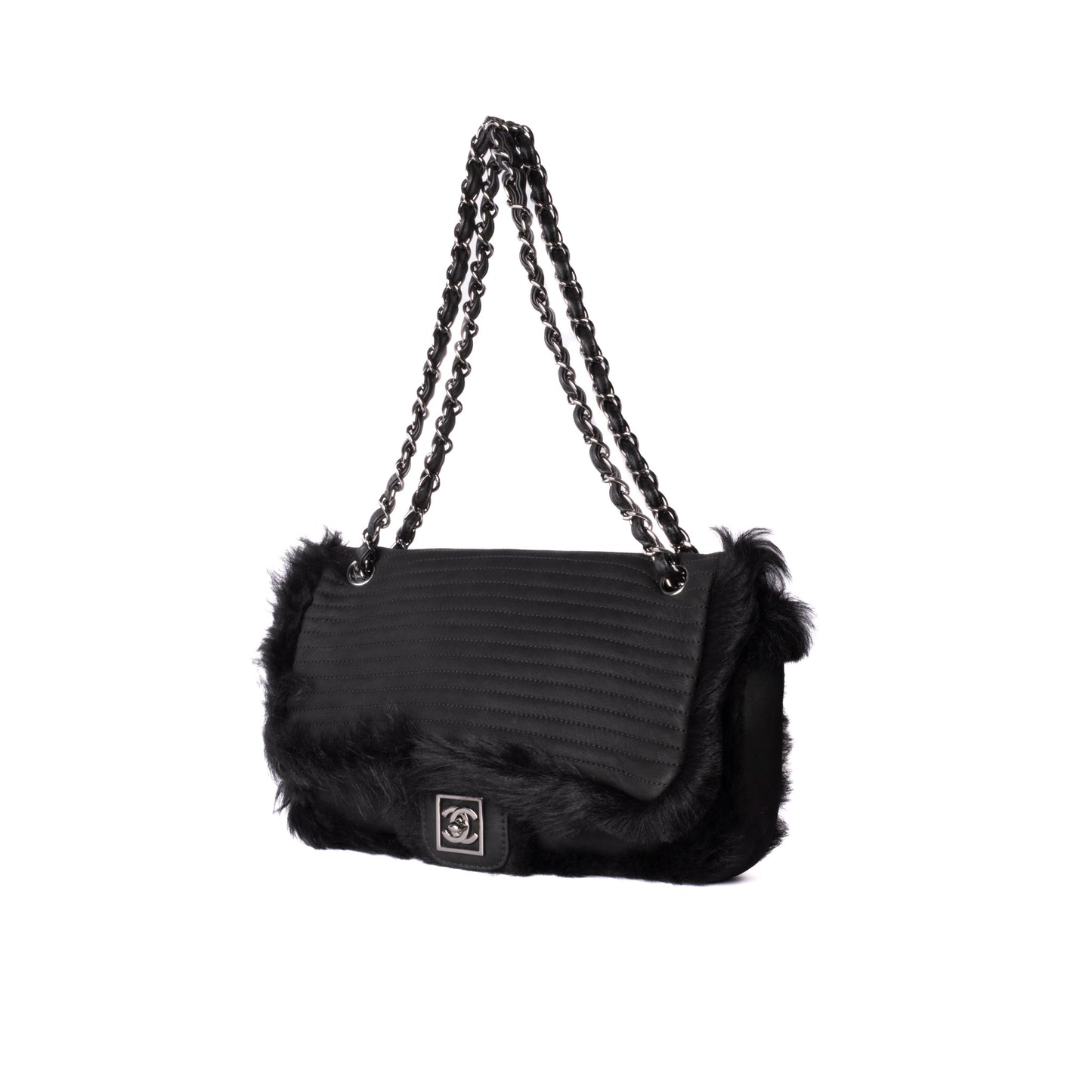 Chanel Black Suede & Fur Vertical Flap