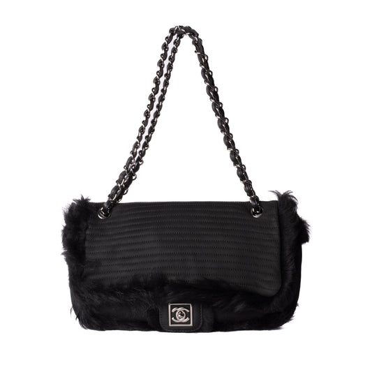 Chanel Black Suede & Fur Vertical Flap