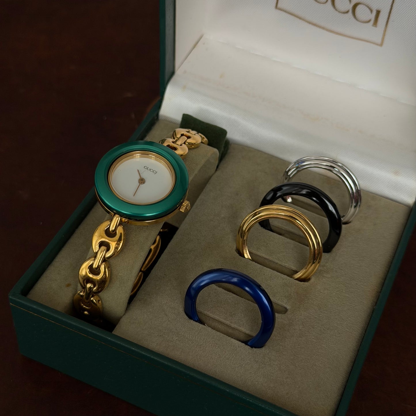 Gucci Gold Mariner Link White Dial Bezel Watch w/ 5 Bezels