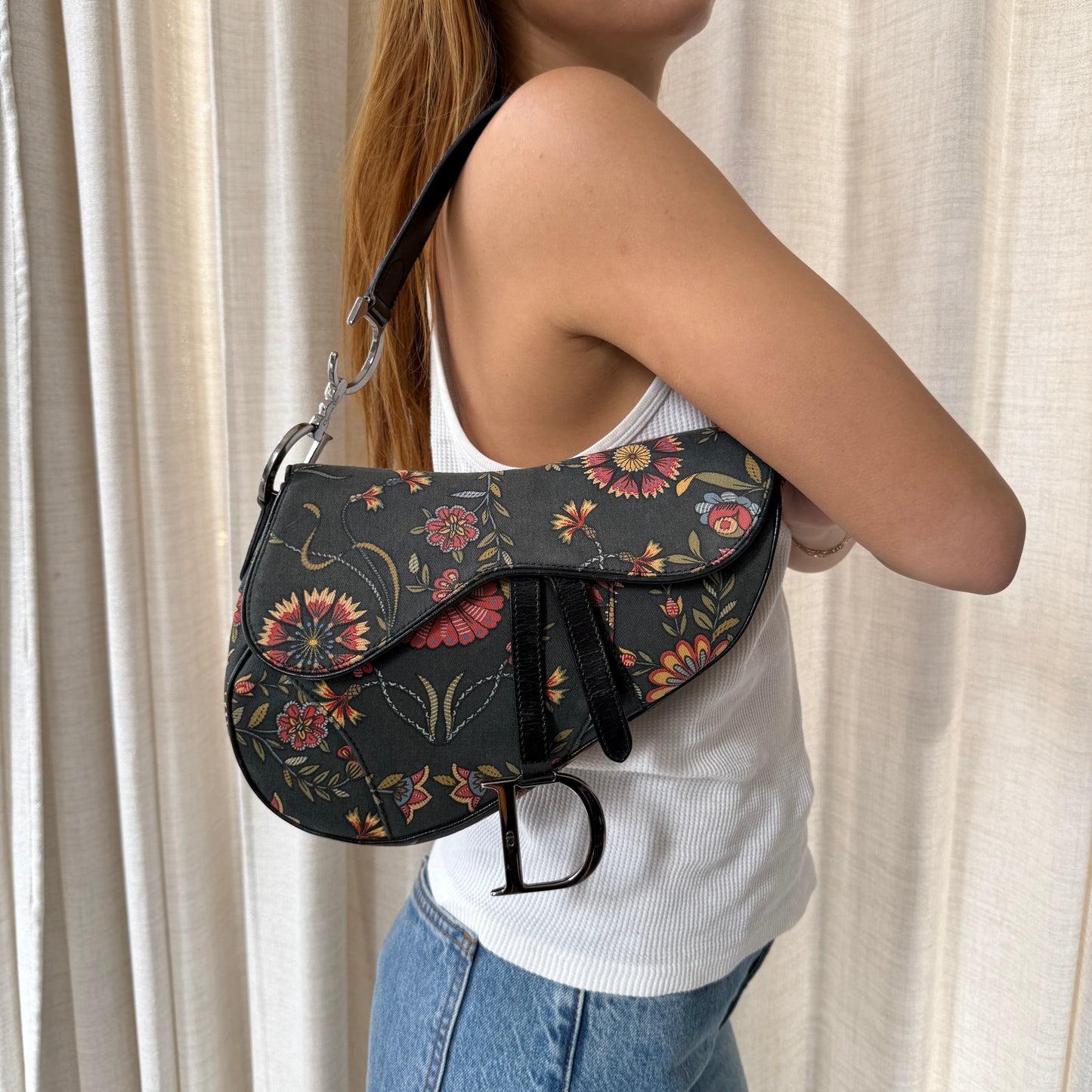 Christian Dior Black Canvas Floral Saddle Bag