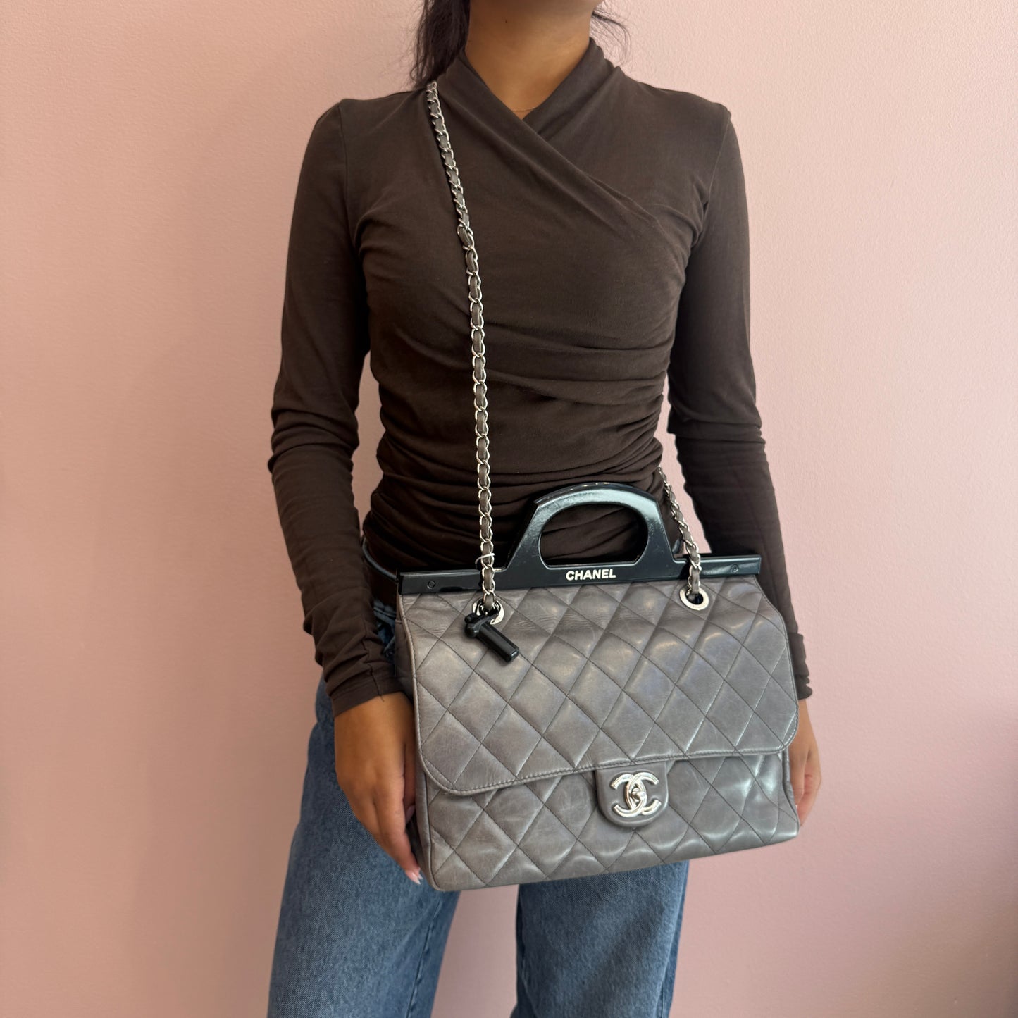 Chanel Gray & Black Lambskin Quilted Acrylic Handle Delivery Flap