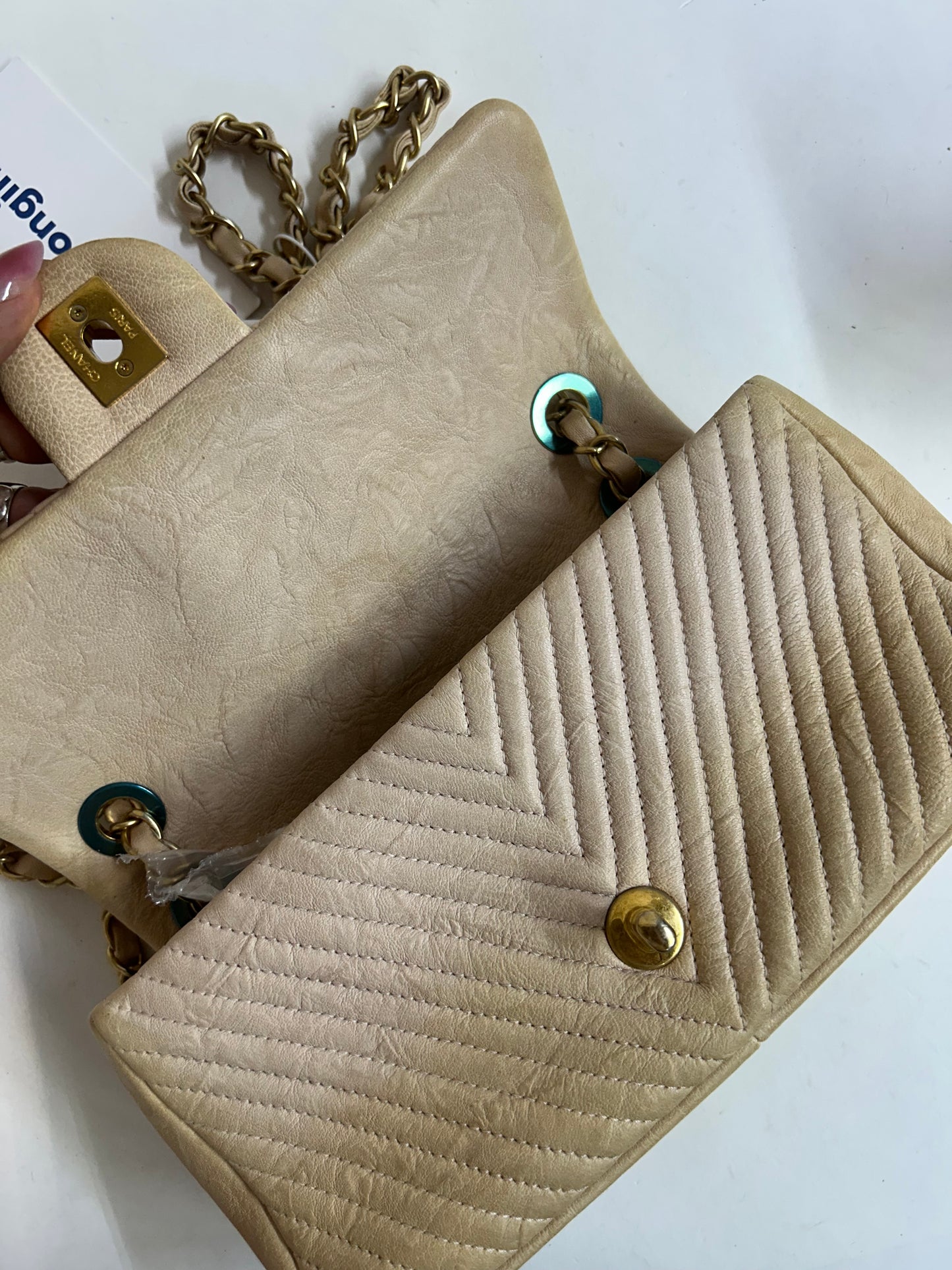 Chanel Beige Lambskin Leather Chevron Quilted Mini Flap