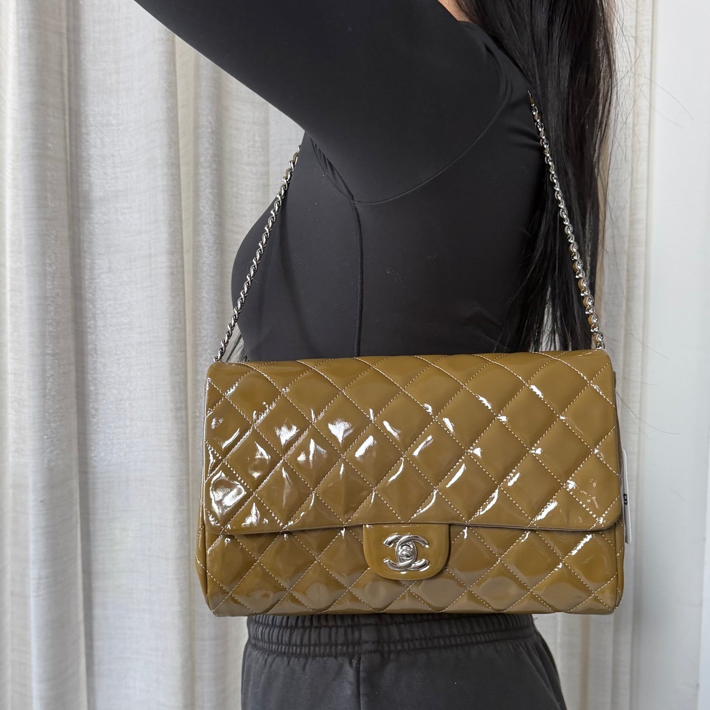Chanel 2011 Patent Khaki Leather Classic Flap Clutch Shoulder Bag