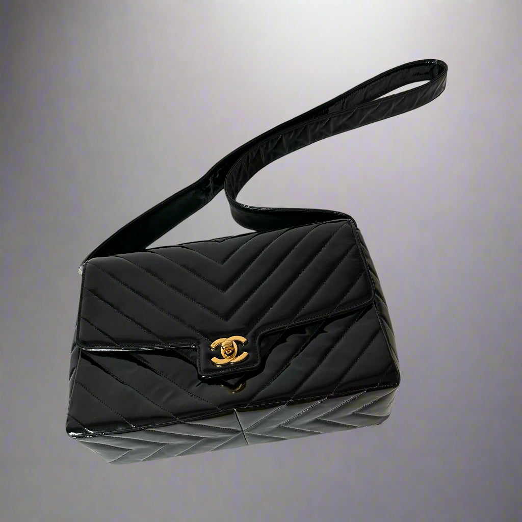 Chanel Black Patent Leather Chevron Shoulder Bag