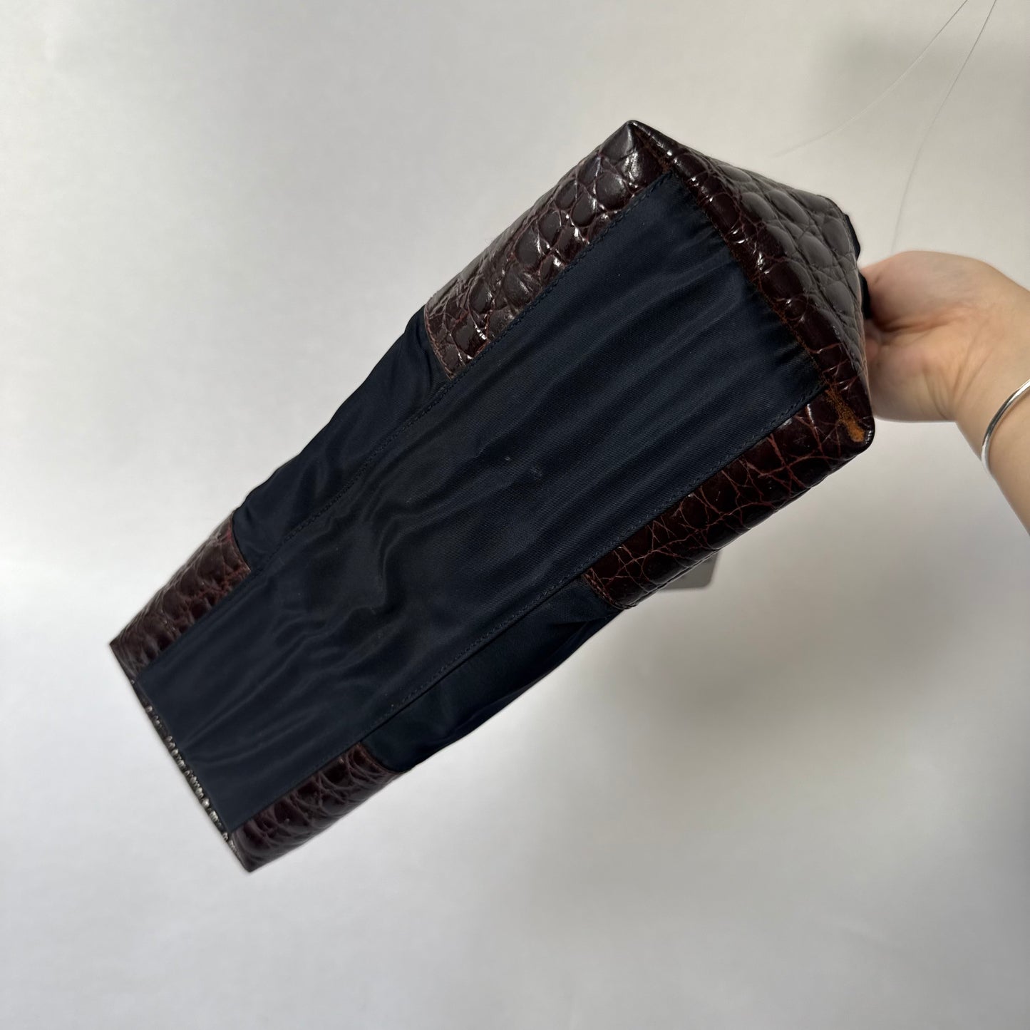 Prada Navy & Brown Nylon & Crocodile Top Handle Bag