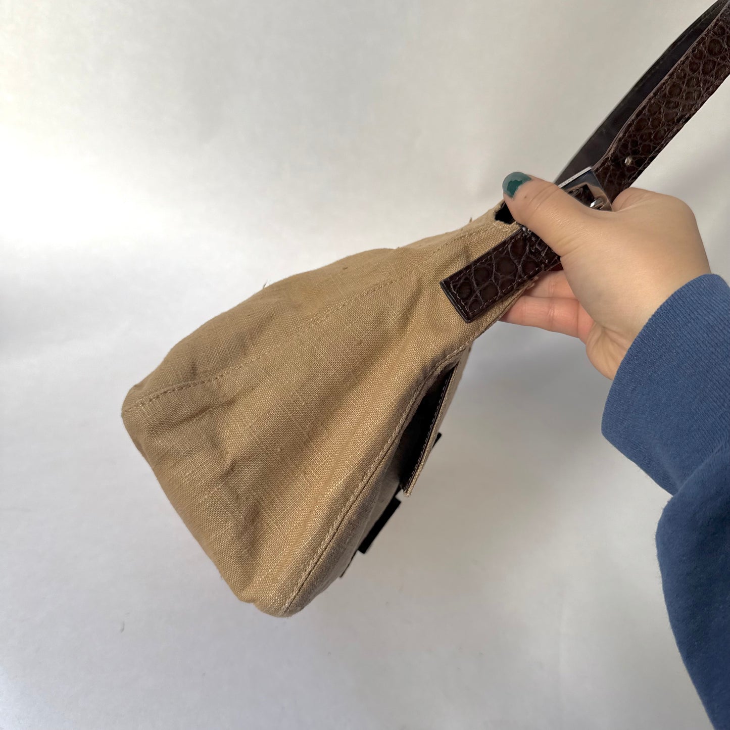 Fendi Brown Crocodile Leather Rafia Linen Mamma Baguette