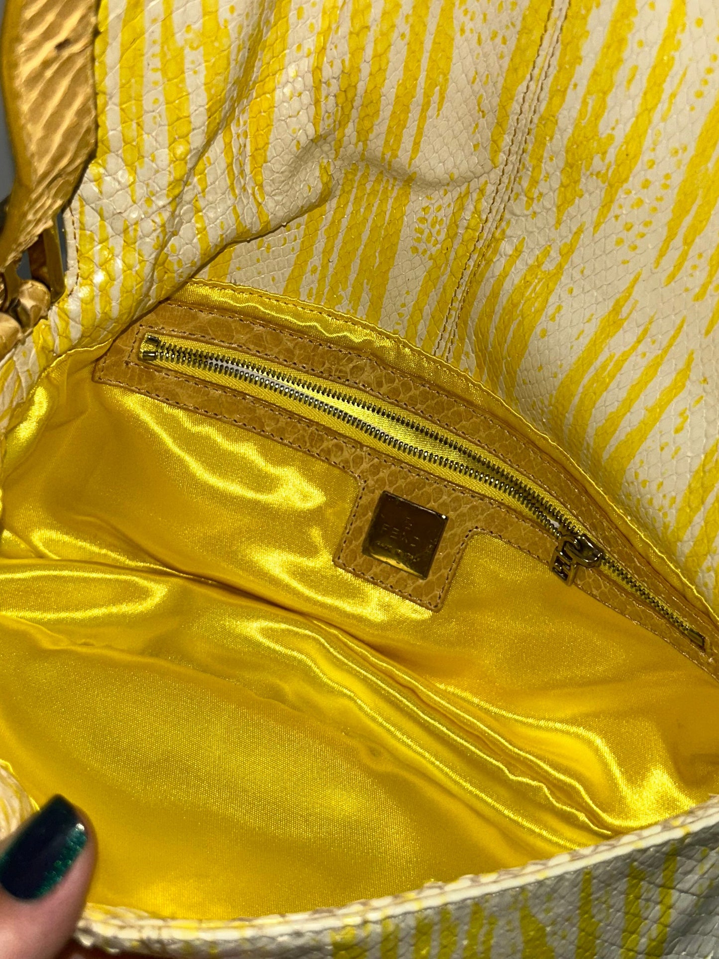 Fendi Yellow & White Python Baguette Shoulder Bag