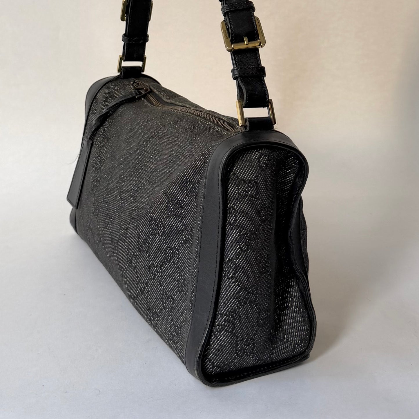 Gucci Black Denim & Leather Monogram Shoulder Bag