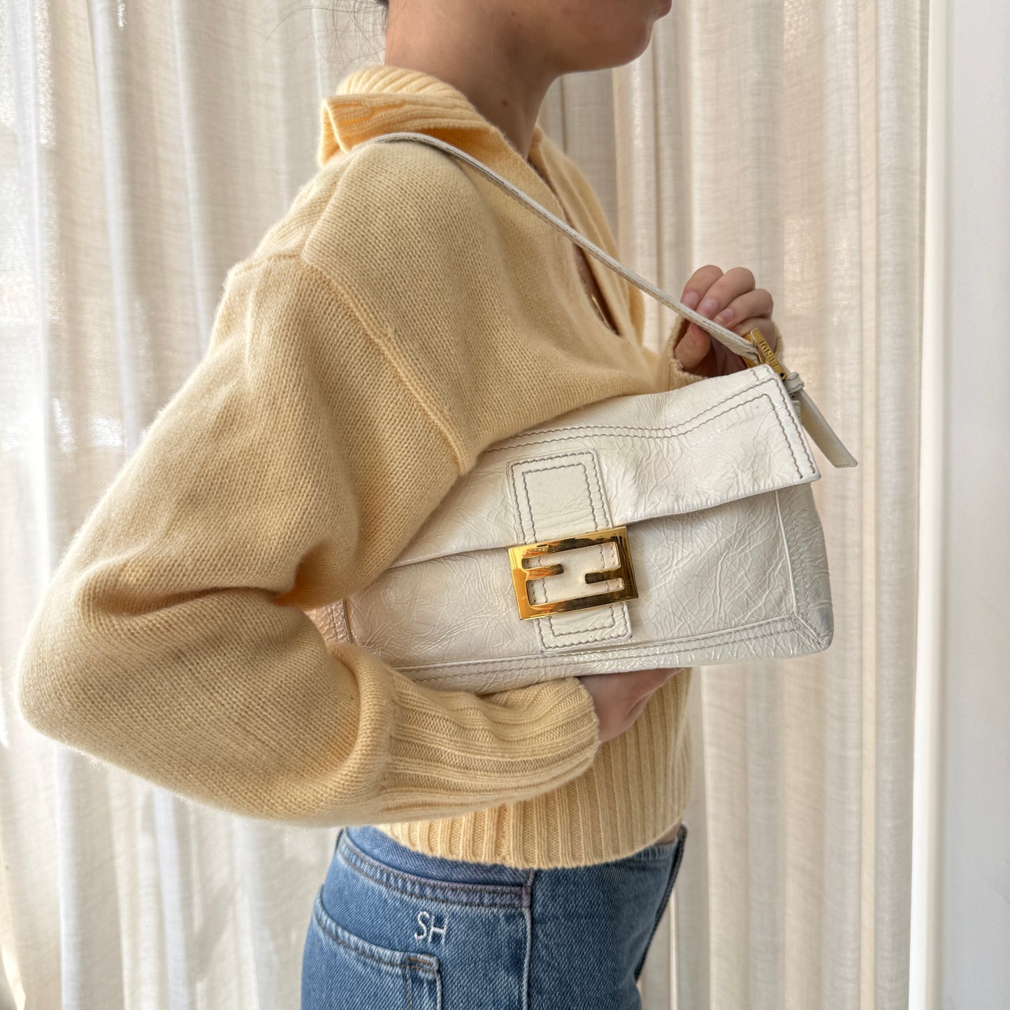 Fendi Cream Patent Leather Baguette Shoulder Bag w/ Crossbody Strap