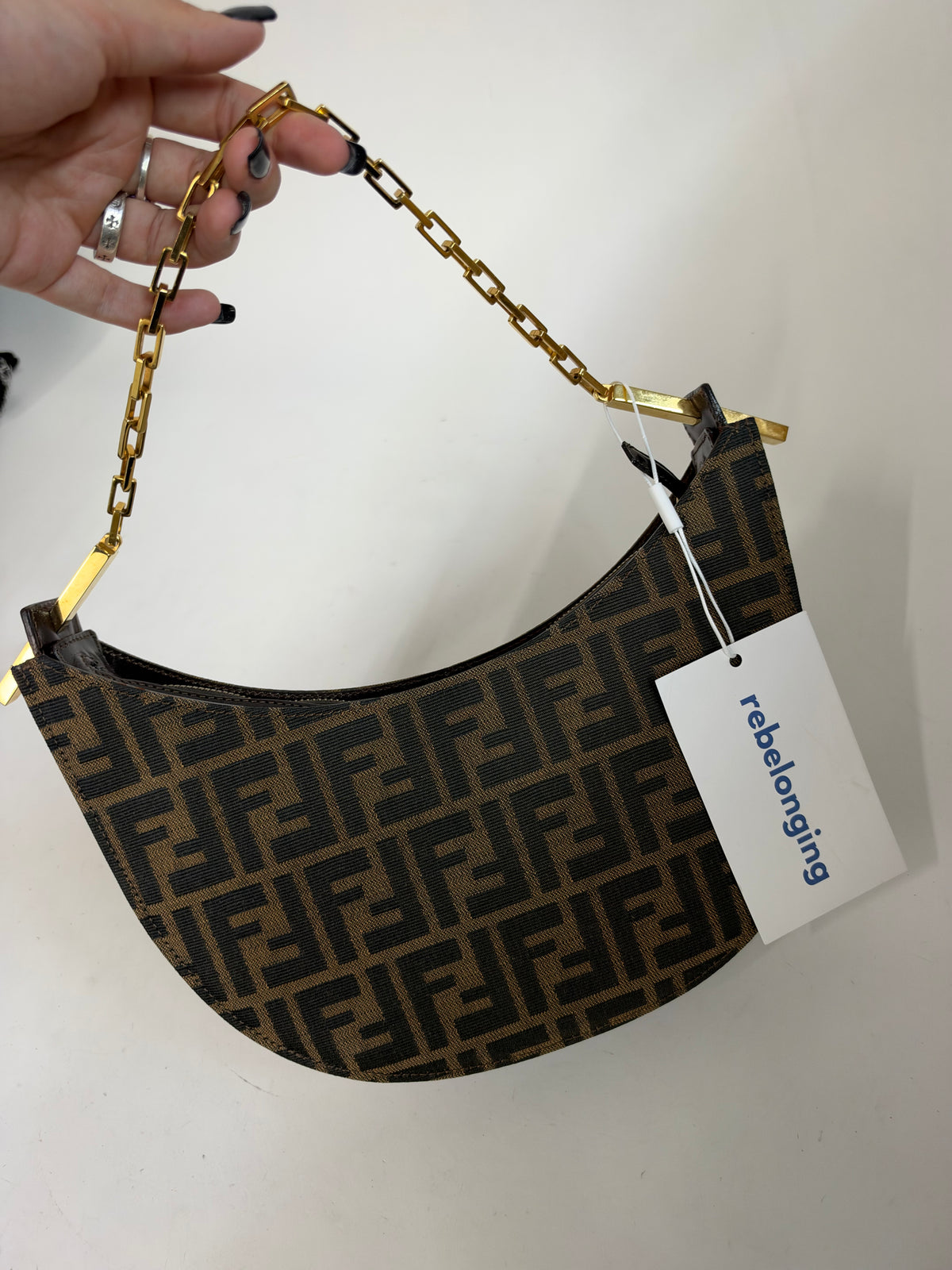 Fendi Zucca Monogram Moon Shoulder Bag w/ Chain Strap