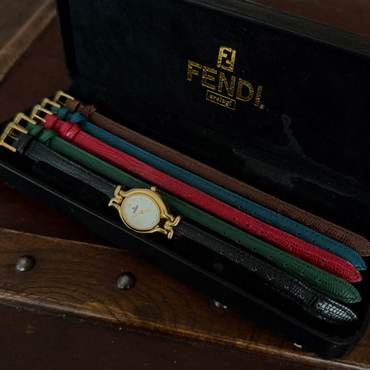 Fendi Mother Of Pearl 18k GP Watch w/ 5 Interchangeable Snake Embossed Leather Straps