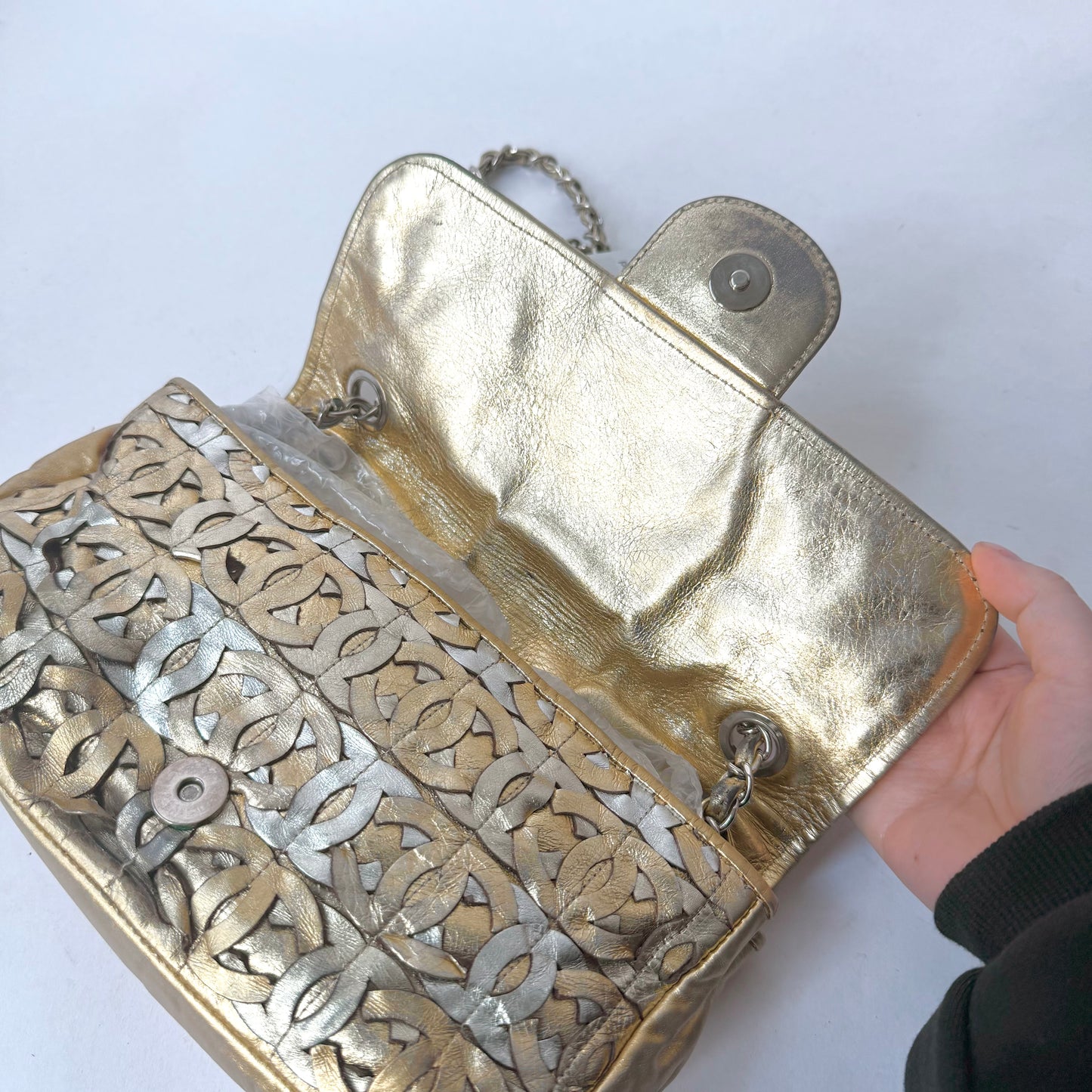 RARE Chanel Gold Metallic CC Cutout Lambskin Medium Flap