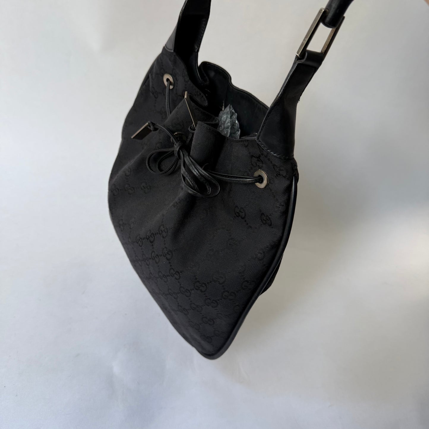 Gucci Black Monogram Bamboo Handle Tote Bag