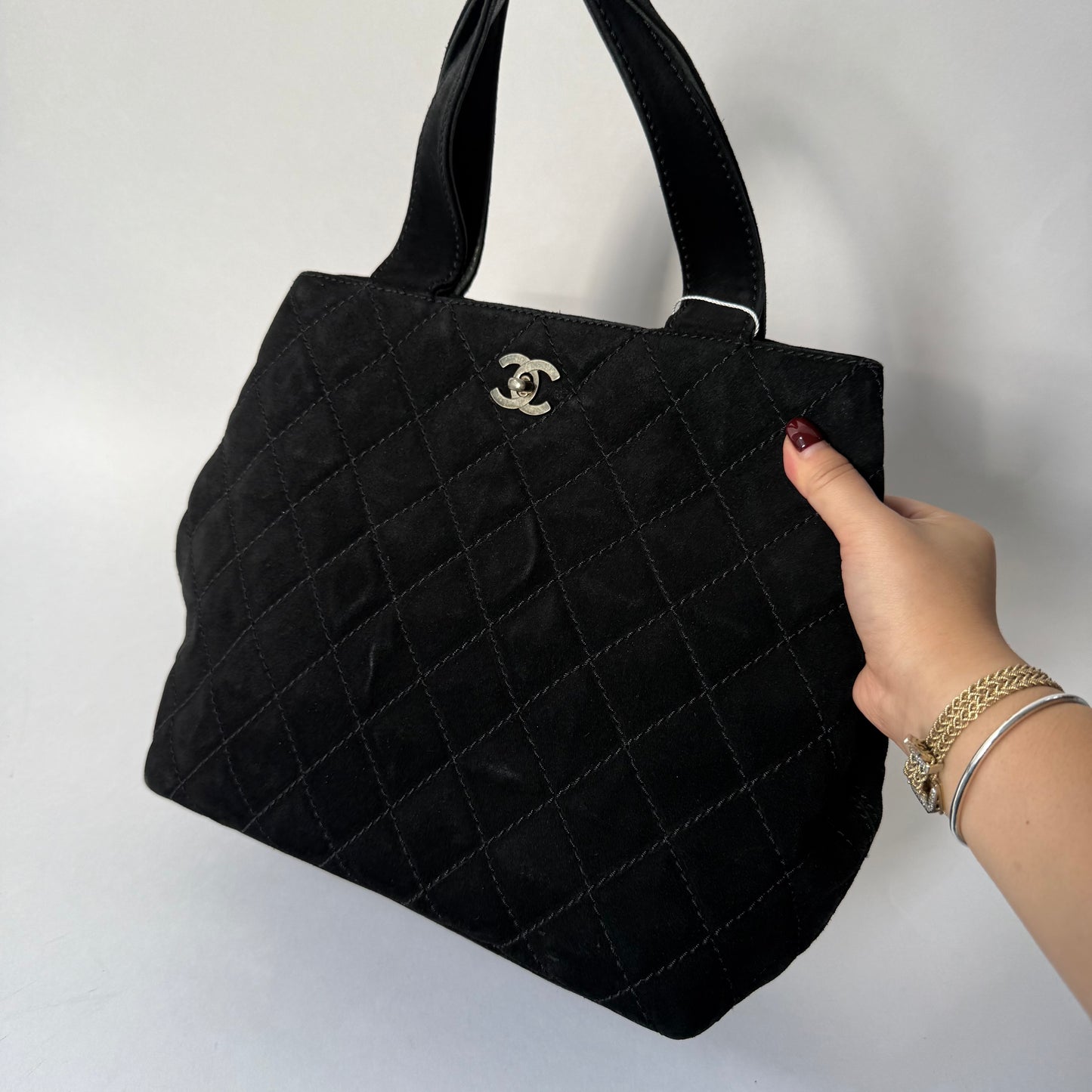Chanel Black Suede Quilted Tote Bag