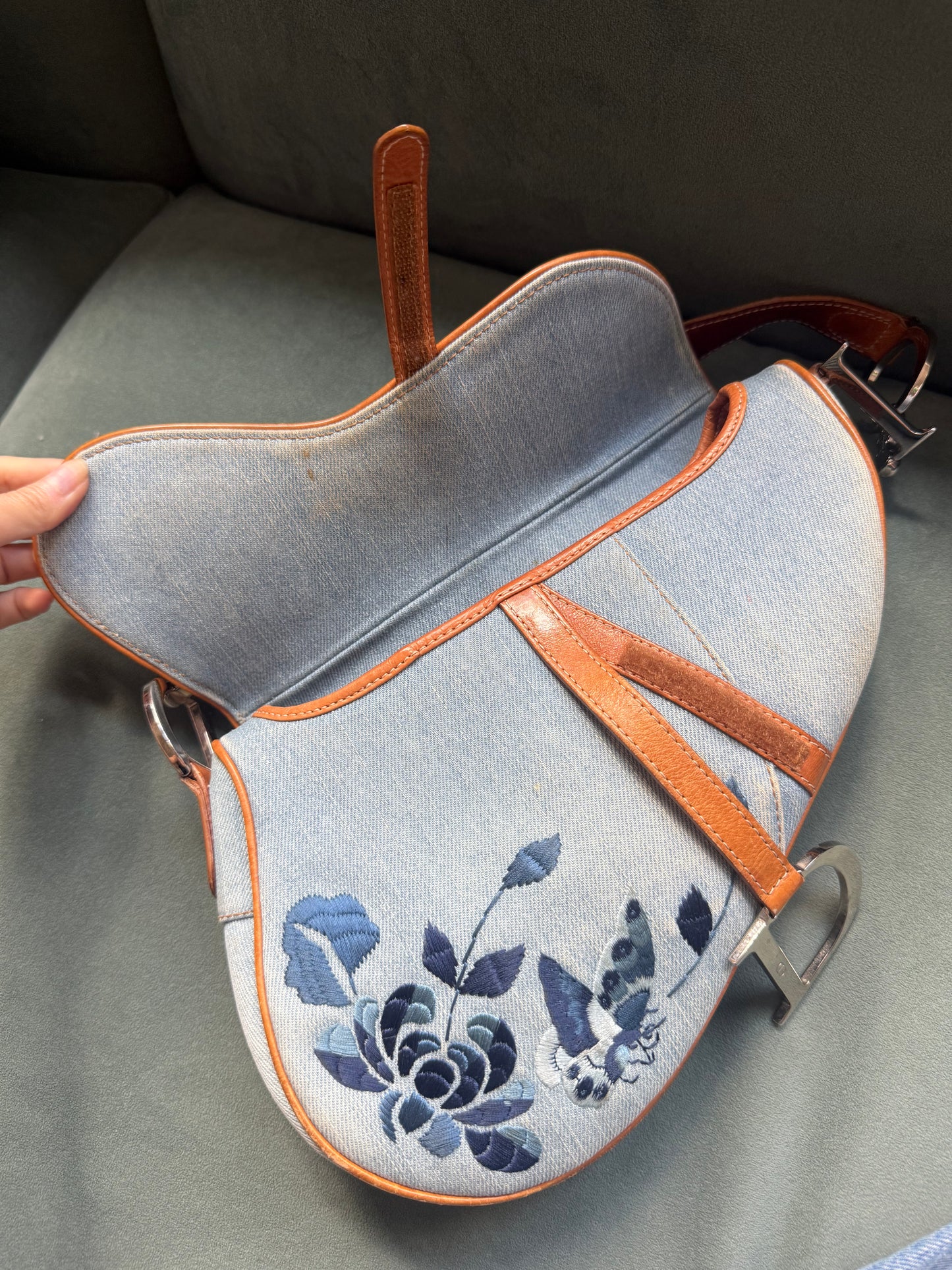 RARE Christian Dior 2005 Denim Floral Embroidered Saddle Bag