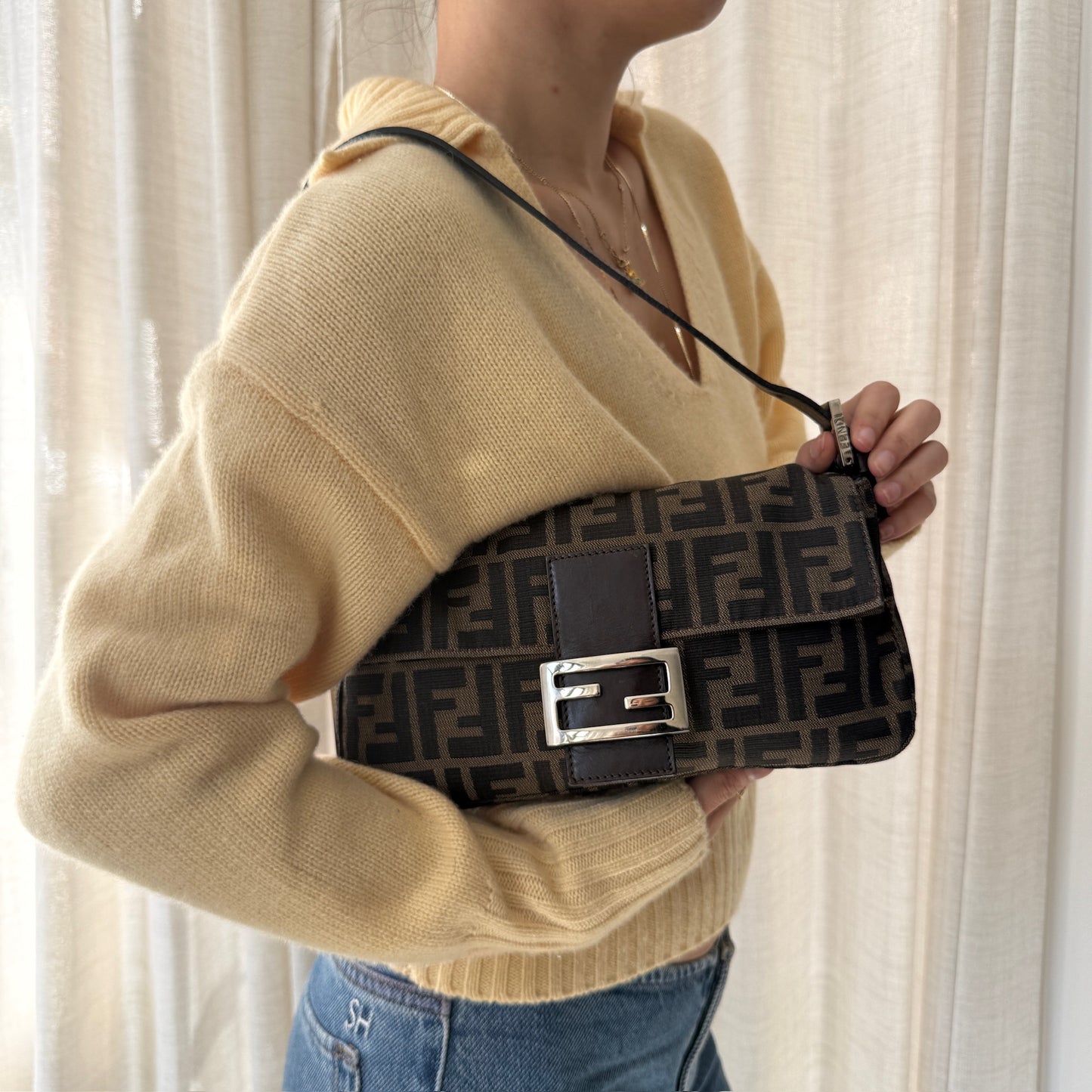 Fendi Brown Canvas Zucca Monogram Classic Baguette Shoulder Bag