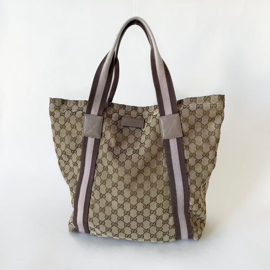 Gucci Brown Monogram Tote W/ Lilac Web Stripe