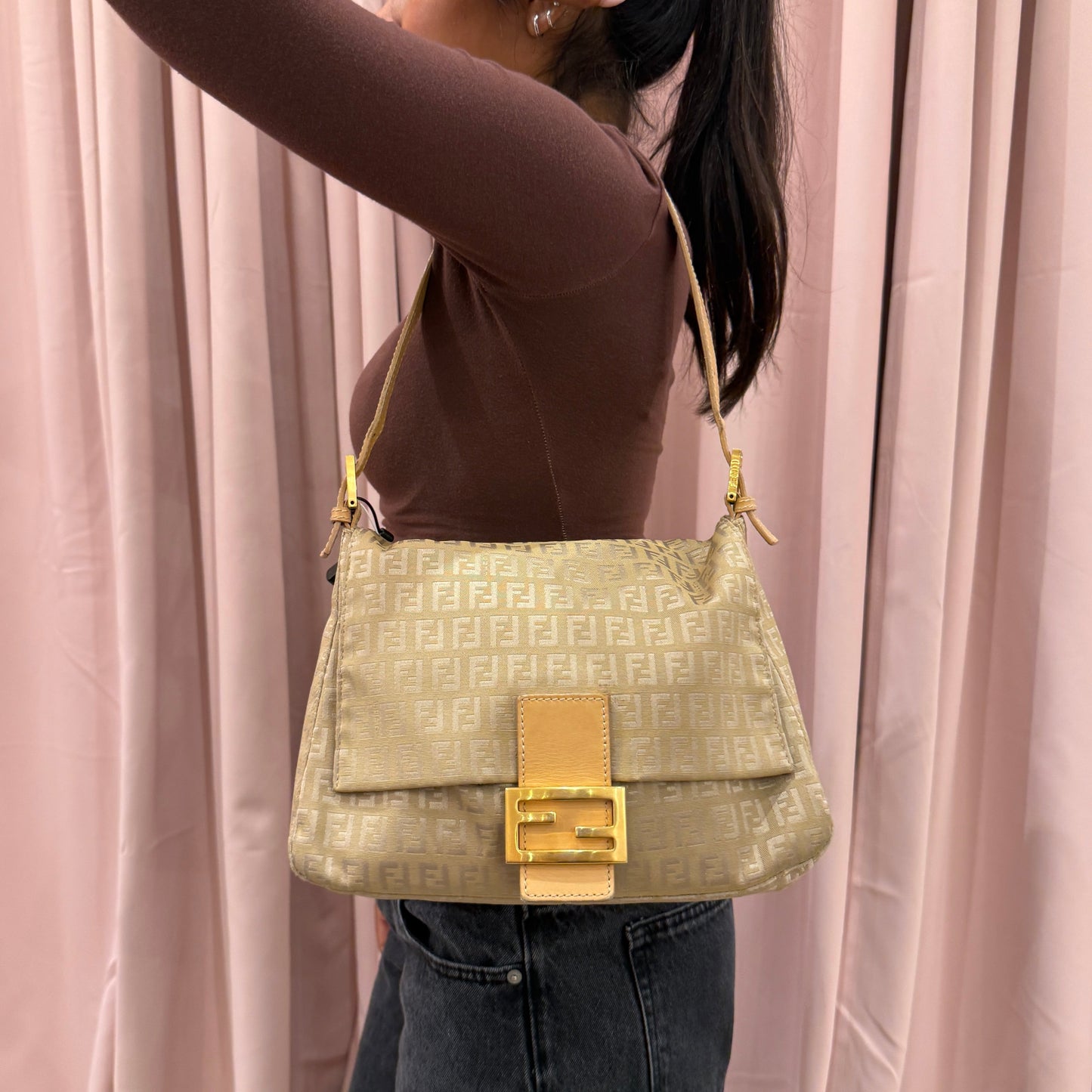 Fendi Beige Canvas Zucchino Monogram Mamma Baguette Shoulder Bag