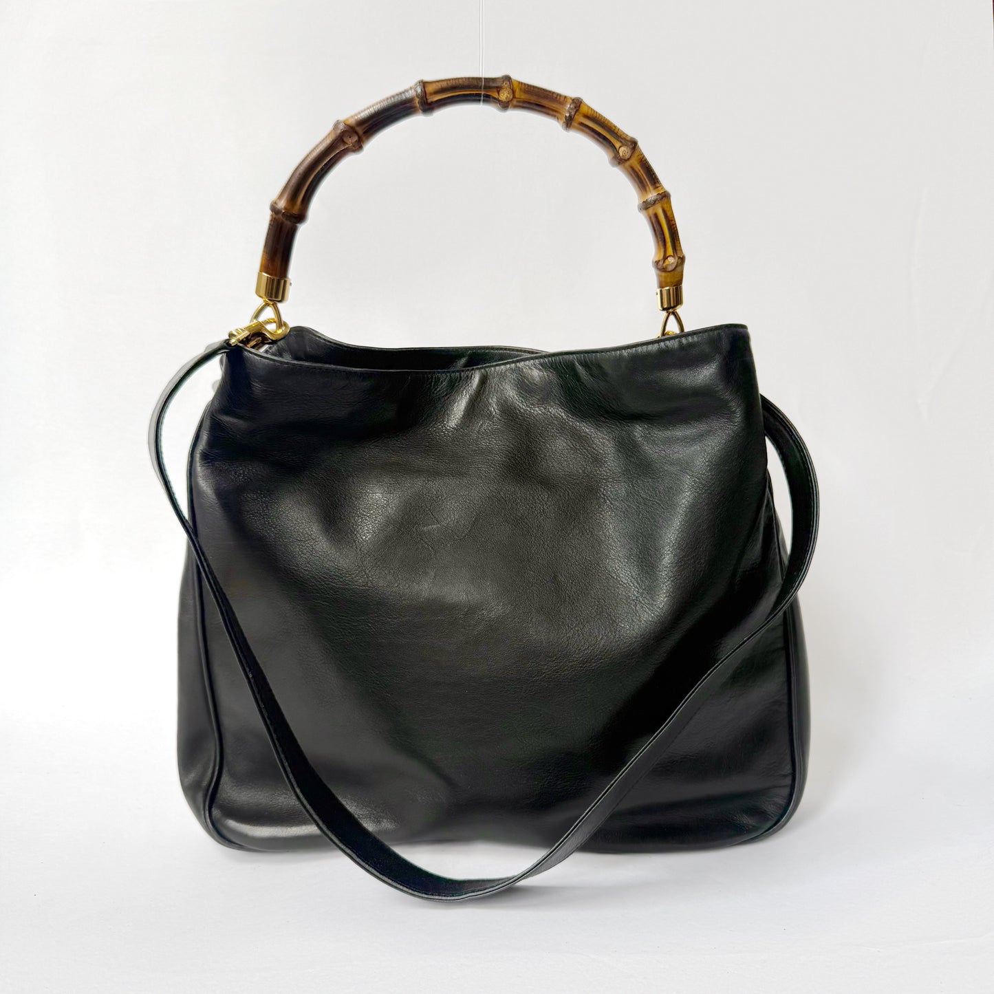 Gucci Black Lambskin Bamboo Handle Shoulder Bag