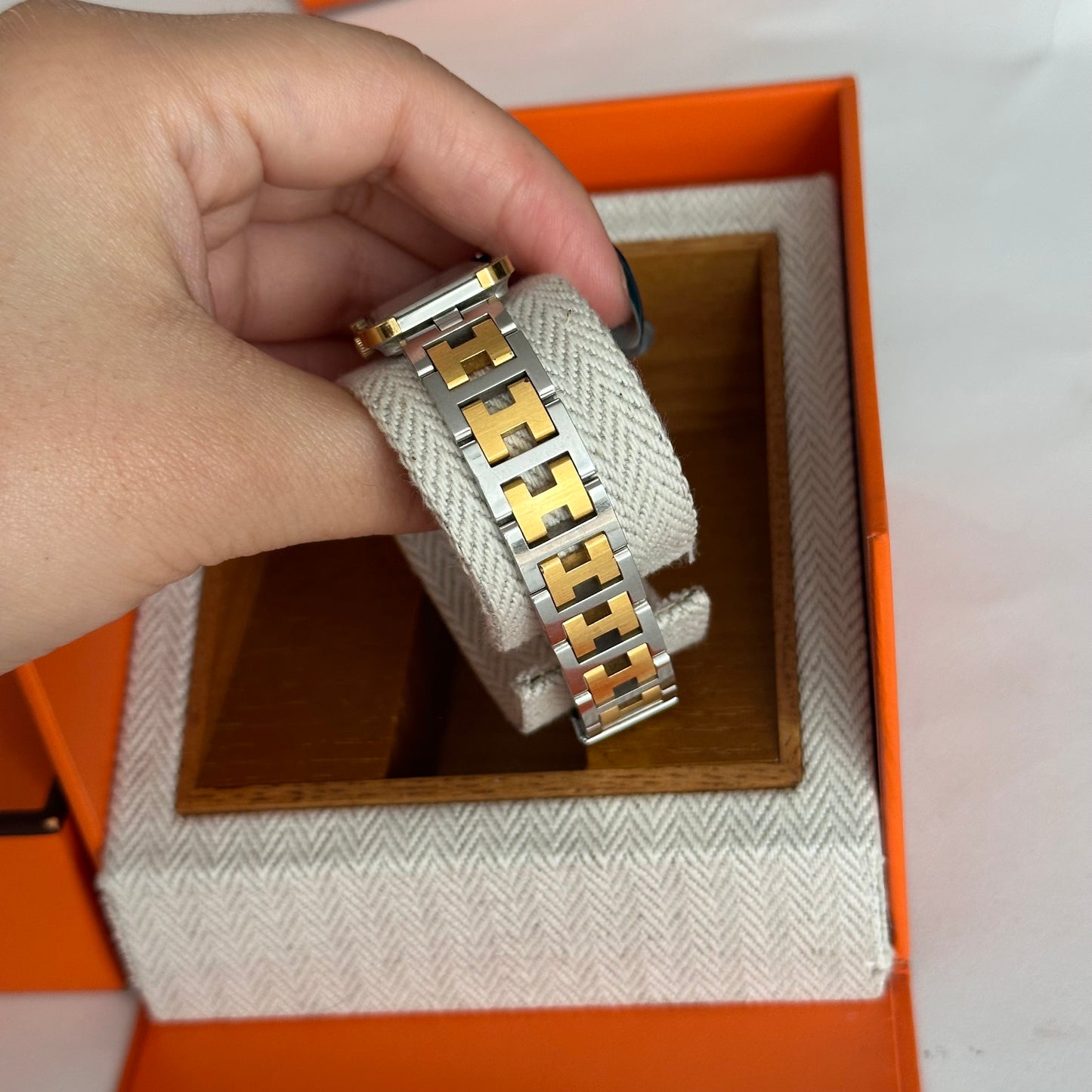 Hermes Croisiere Tank White Dial Two Tone Watch w/ Box
