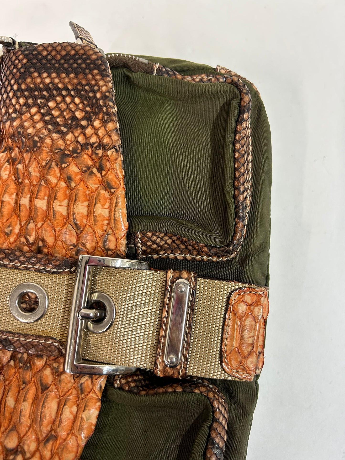 RARE Prada Green & Orange Nylon & Python Shoulder Bag SHW
