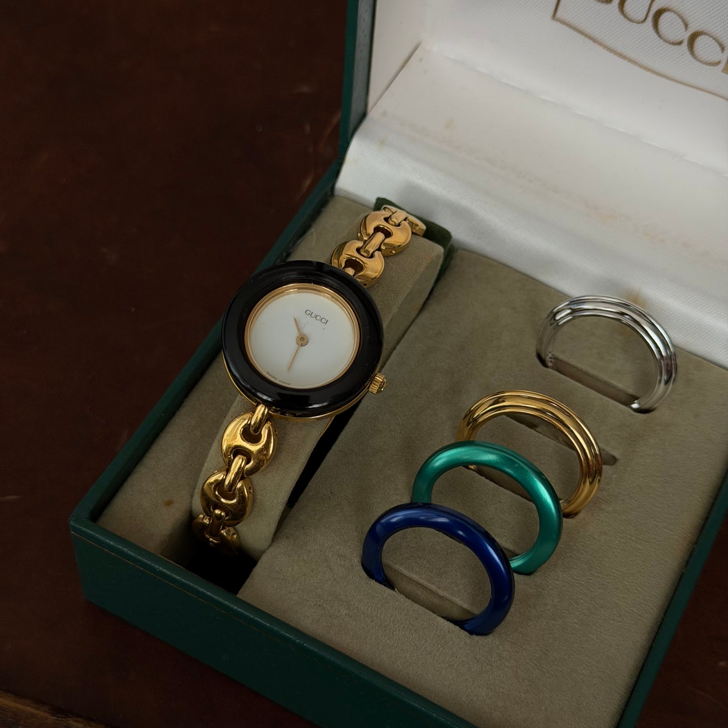 Gucci Gold Mariner Link White Dial Bezel Watch w/ 5 Bezels