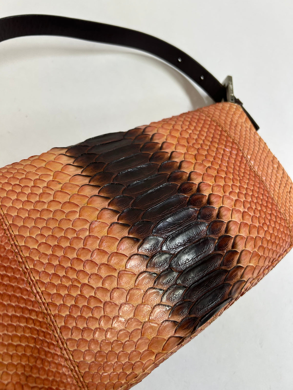 Fendi Orange & Brown Snakeskin Leather Baguette Shoulder Bag