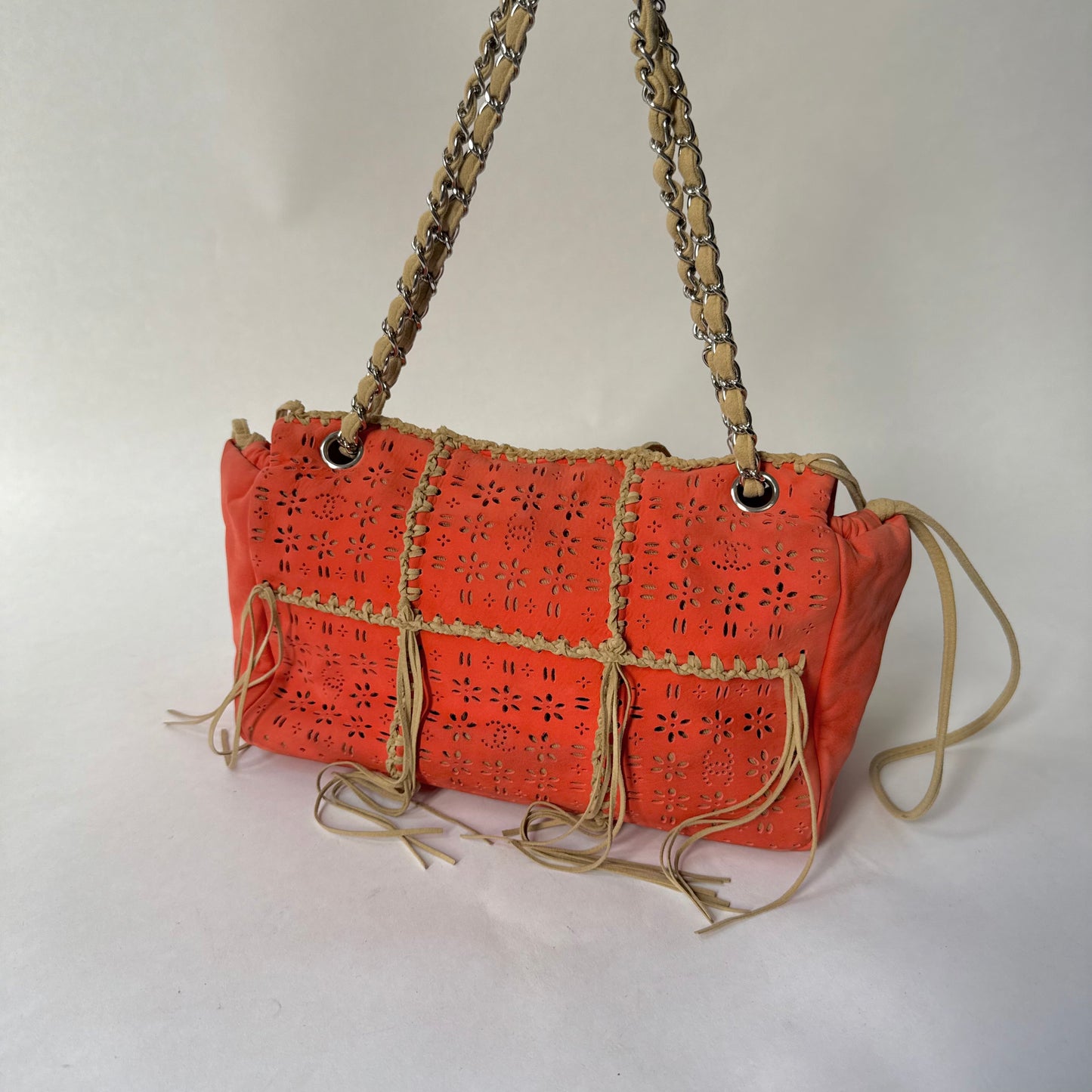Chanel Orange Suede Perforated Fringe Flap Shoulder Bag