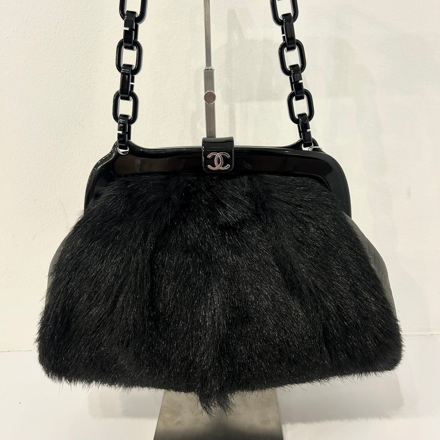 Chanel Black Fur Frame Shoulder Bag w/ Plastic Strap