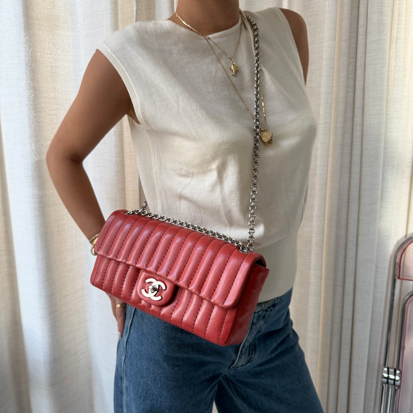 Chanel Red East West Vertical Quilted Bijoux Chain Flap