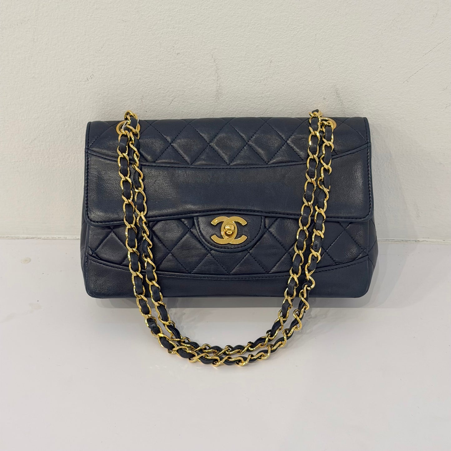 Chanel 1989 Navy Black Lambskin Leather Double Chain Matelasse Diana Flap Bag w/ Wallet