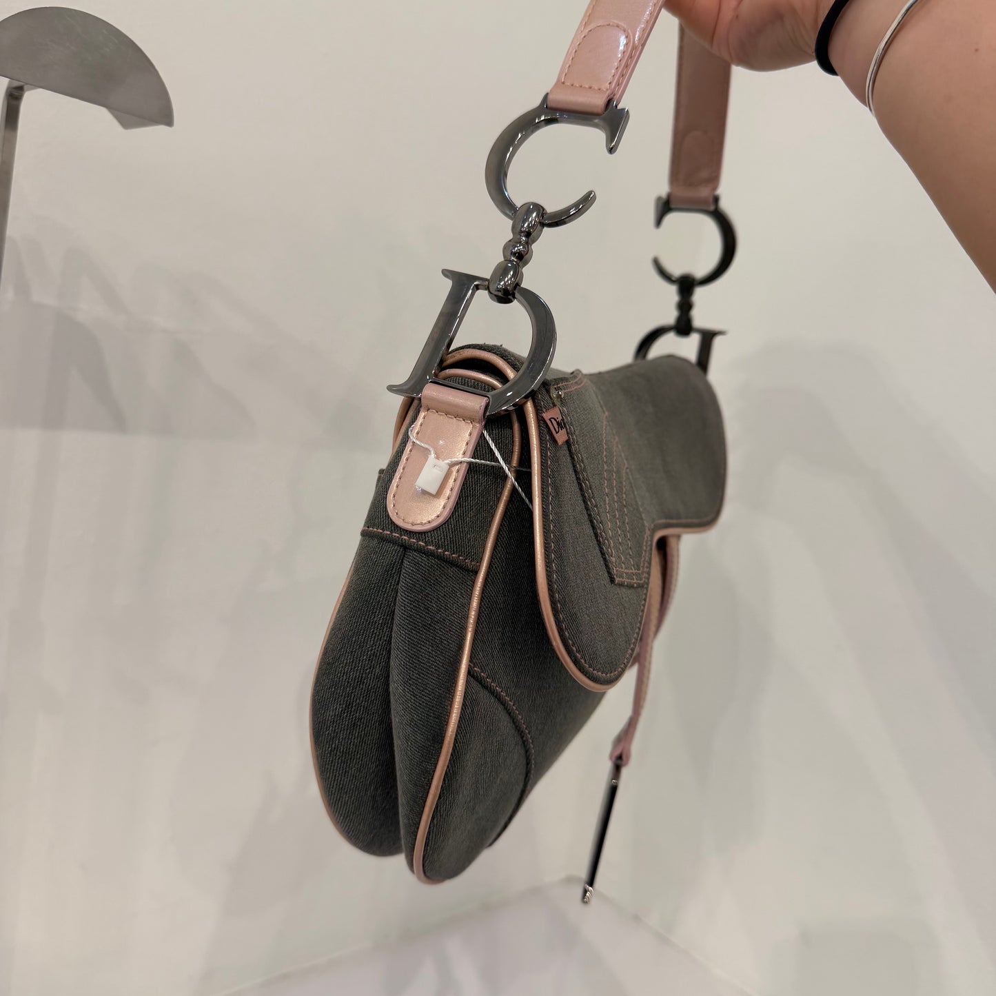 Christian Dior Gray Denim & Pink Patent Leather Saddle Shoulder Bag