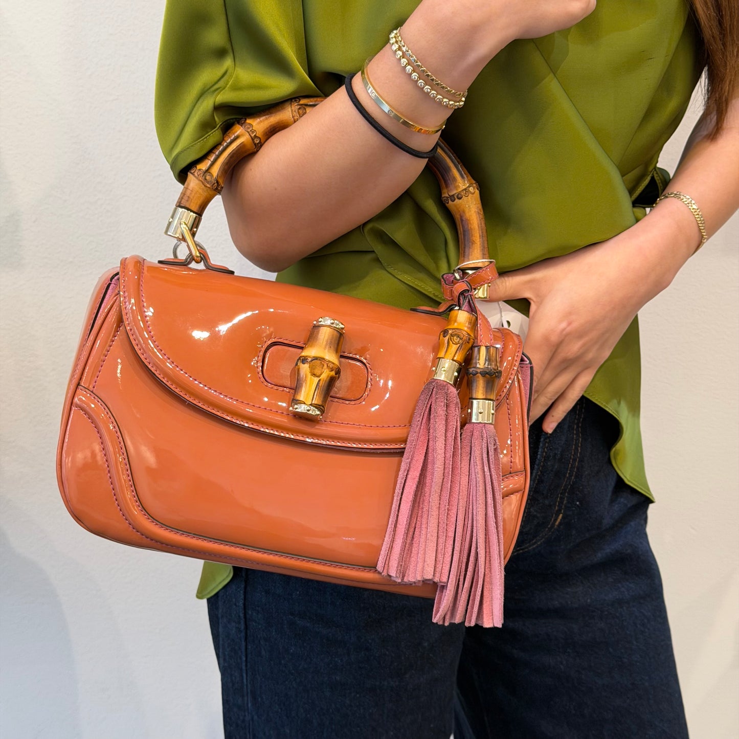 Gucci Patent Leather Bamboo Top Handle Tassel Bag