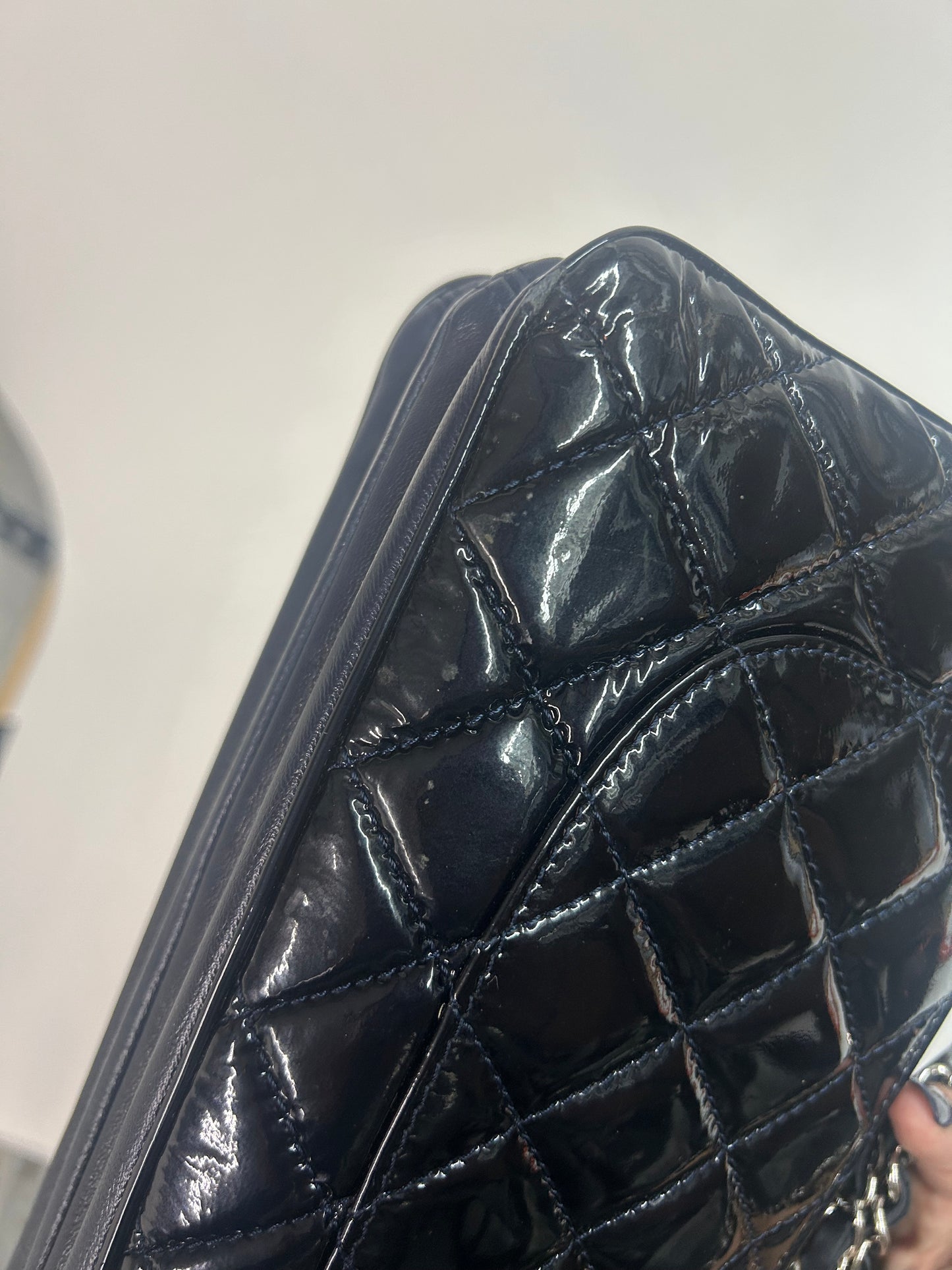 Chanel Navy Patent Leather Quilted Accordion Flap SHW