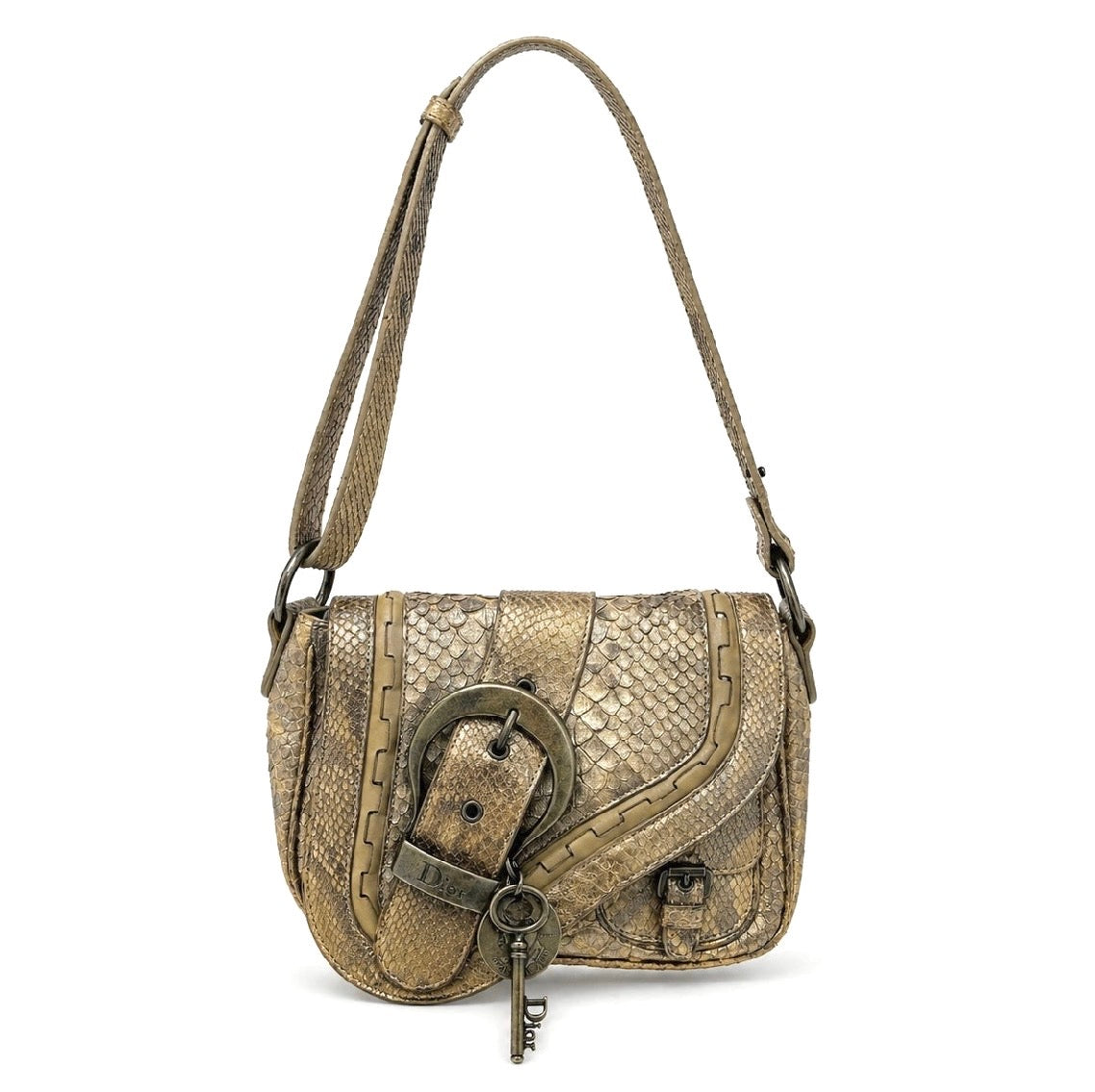 RARE Christian Dior Beige Shimmer Python Leather Mini Gaucho Saddle Bag